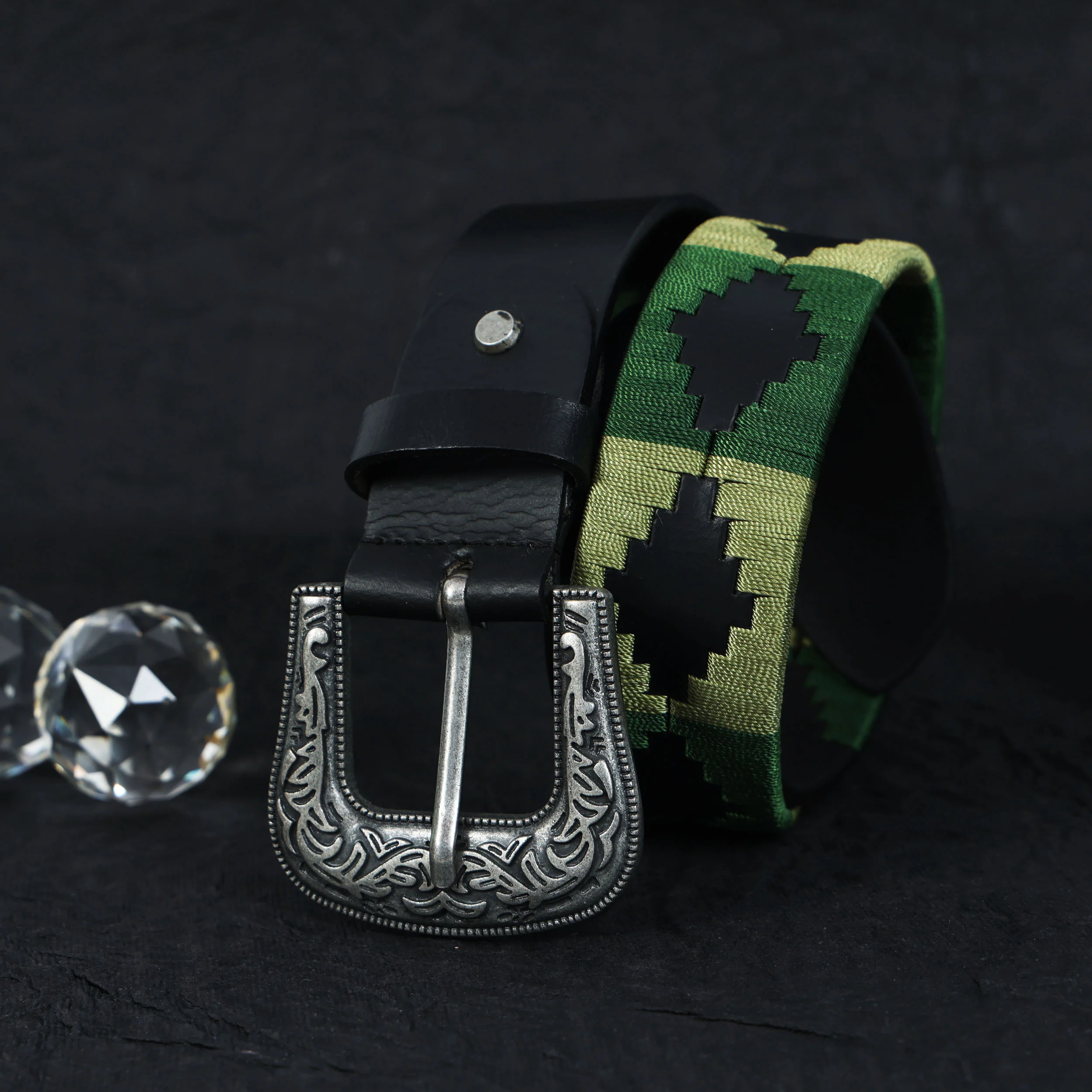 Unisex Handcrafted Leather Belt With Green Geometric Woven Strap Antique Silver Buckle - Image 2