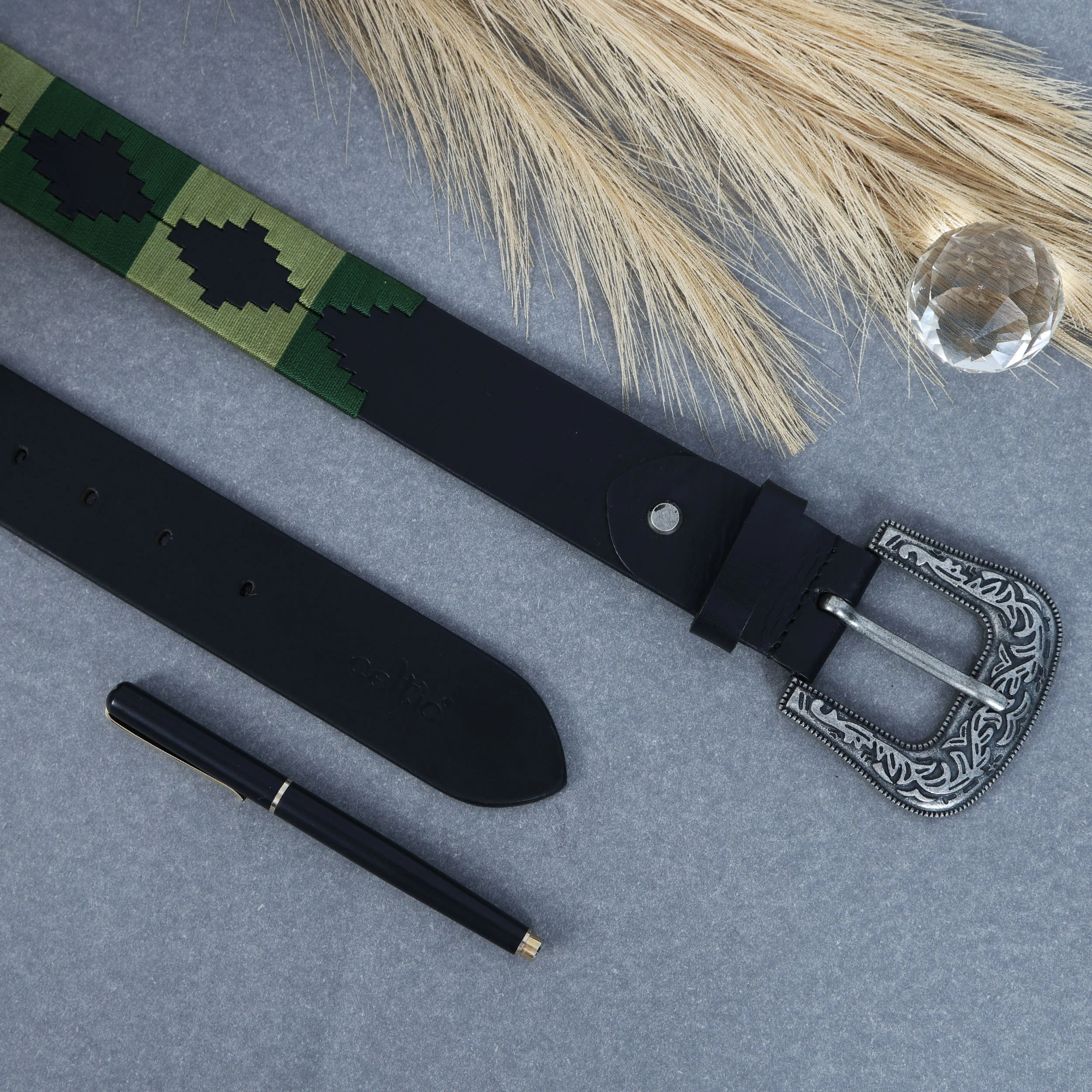 Unisex Handcrafted Leather Belt With Green Geometric Woven Strap Antique Silver Buckle - Image 3