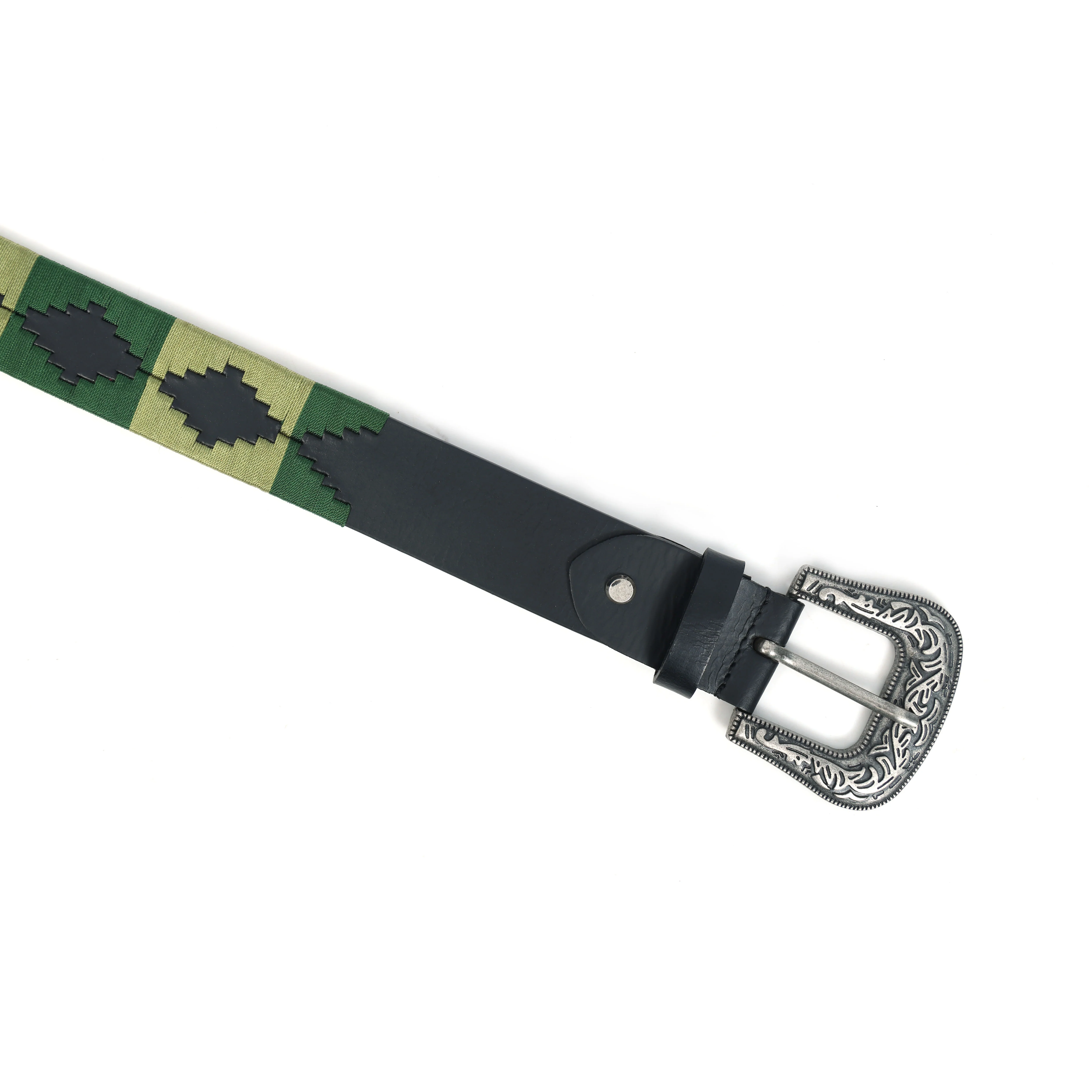 Unisex Handcrafted Leather Belt With Green Geometric Woven Strap Antique Silver Buckle - Image 4