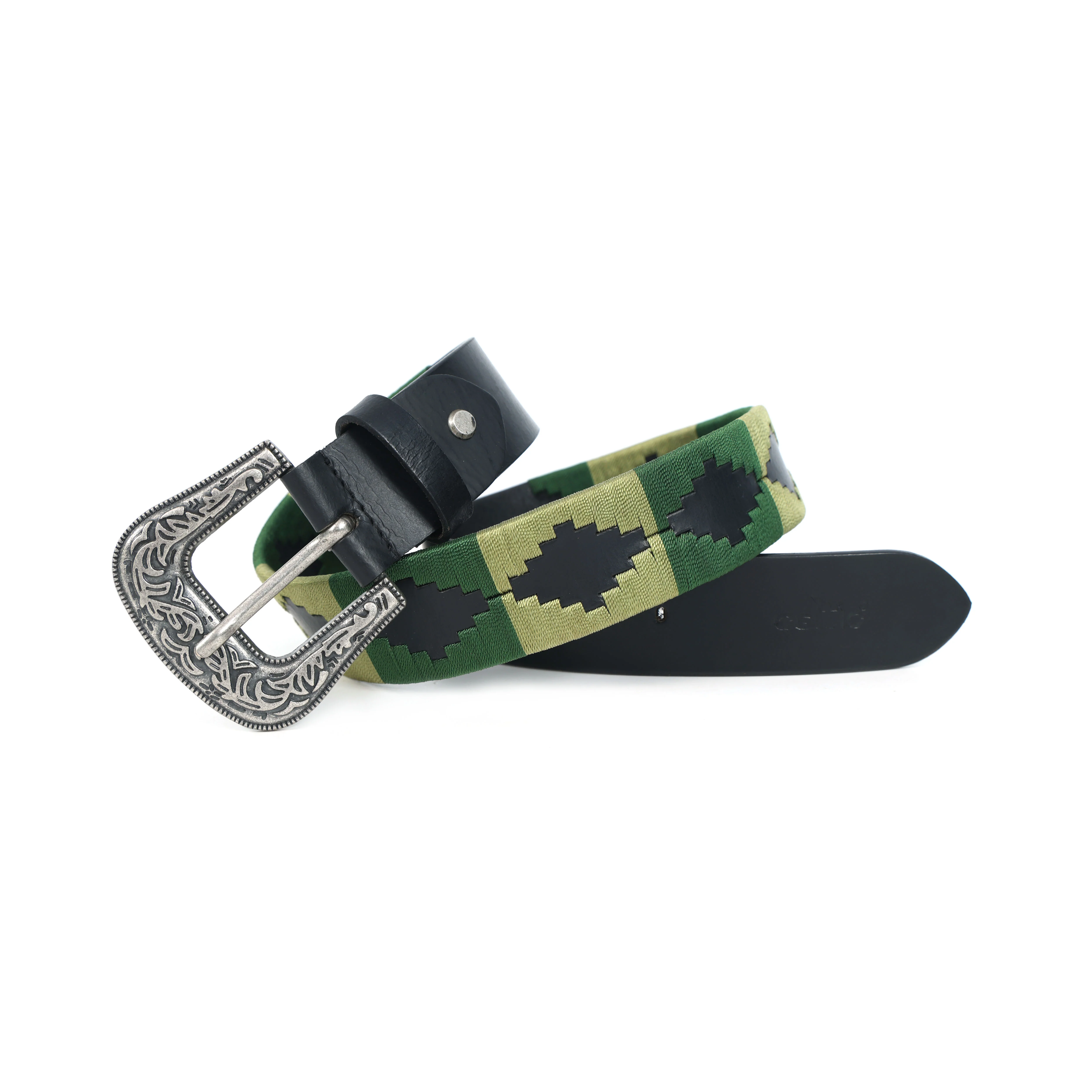 Unisex Handcrafted Leather Belt With Green Geometric Woven Strap Antique Silver Buckle - Image 6