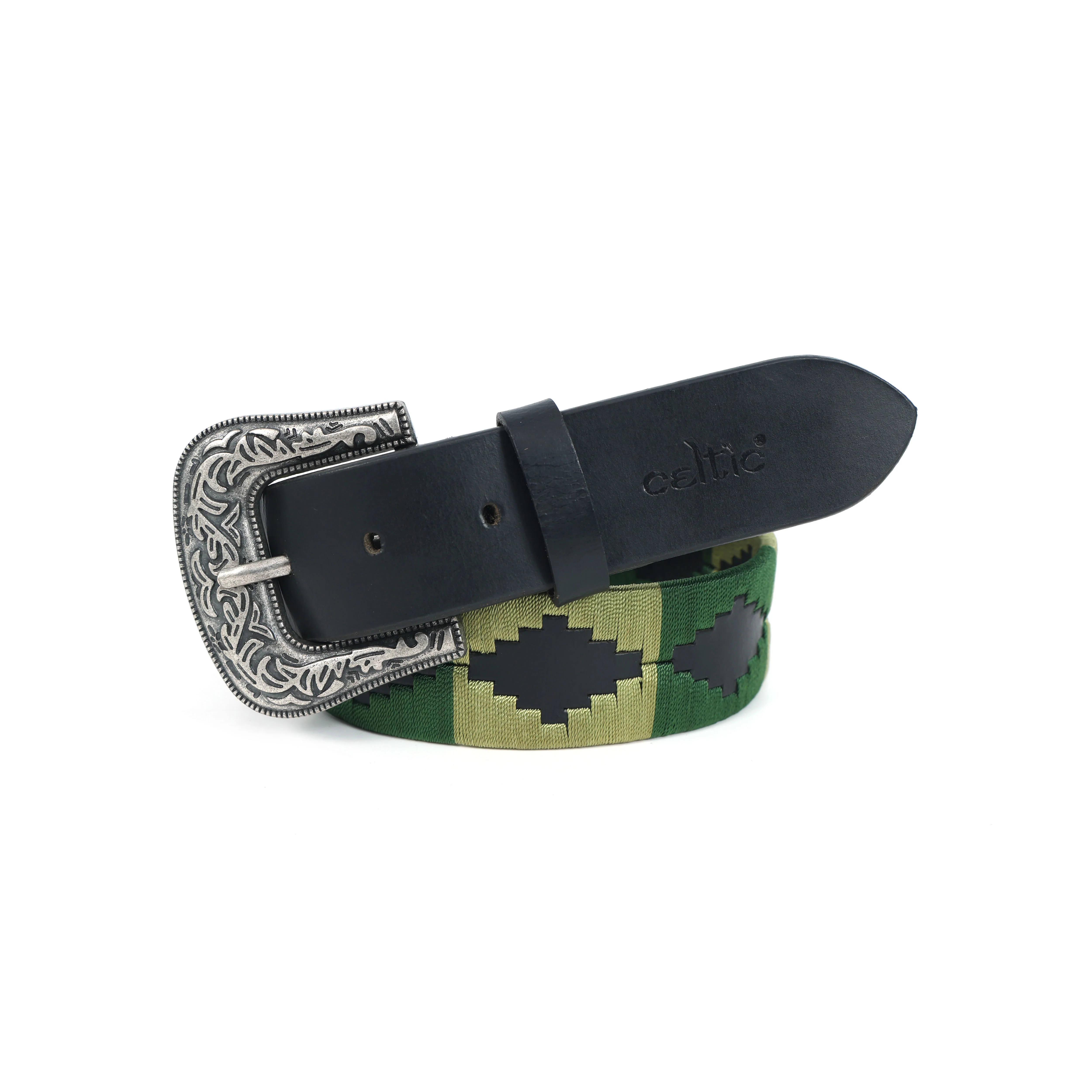 Unisex Handcrafted Leather Belt With Green Geometric Woven Strap Antique Silver Buckle - Image 7