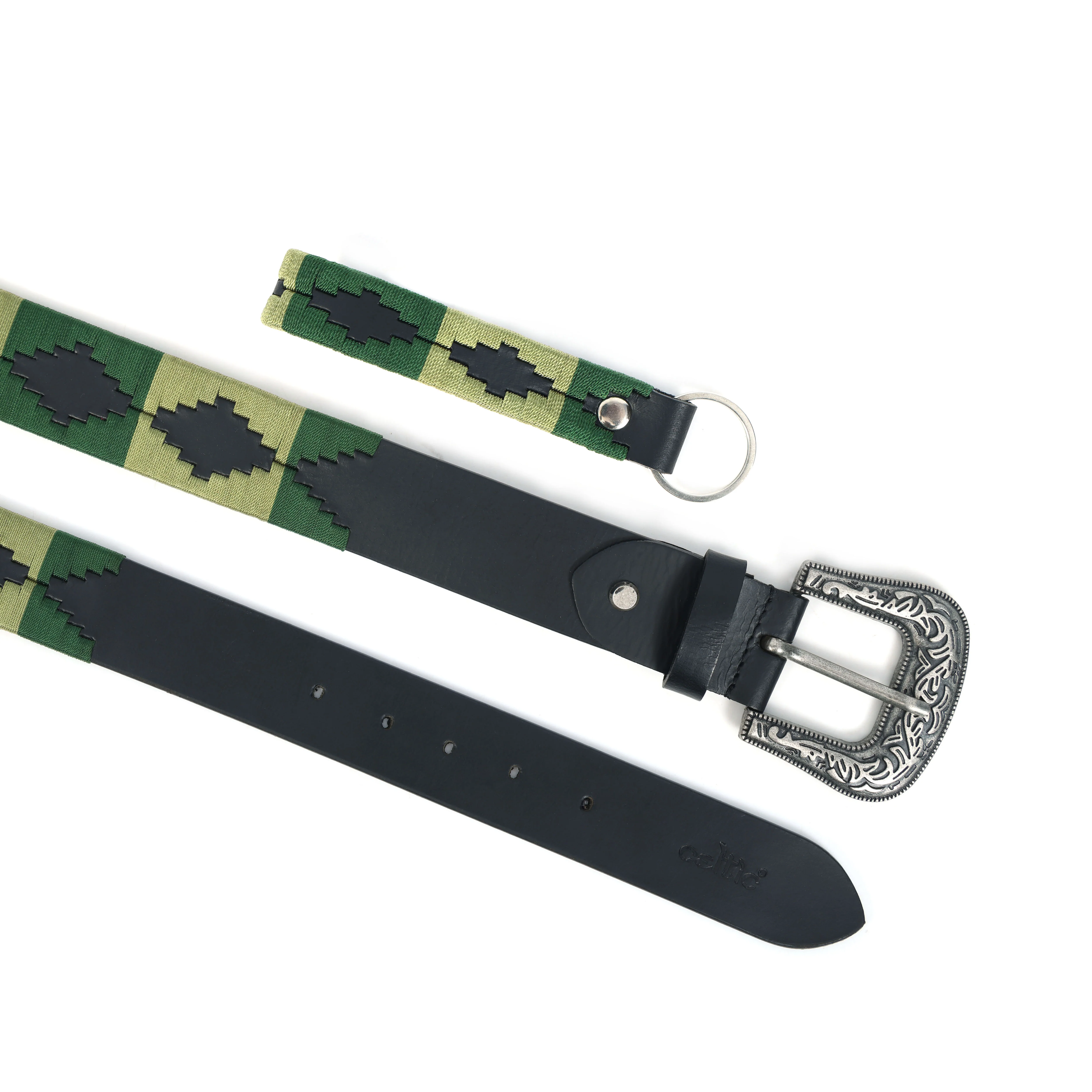 Unisex Handcrafted Leather Belt With Green Geometric Woven Strap Antique Silver Buckle - Image 9