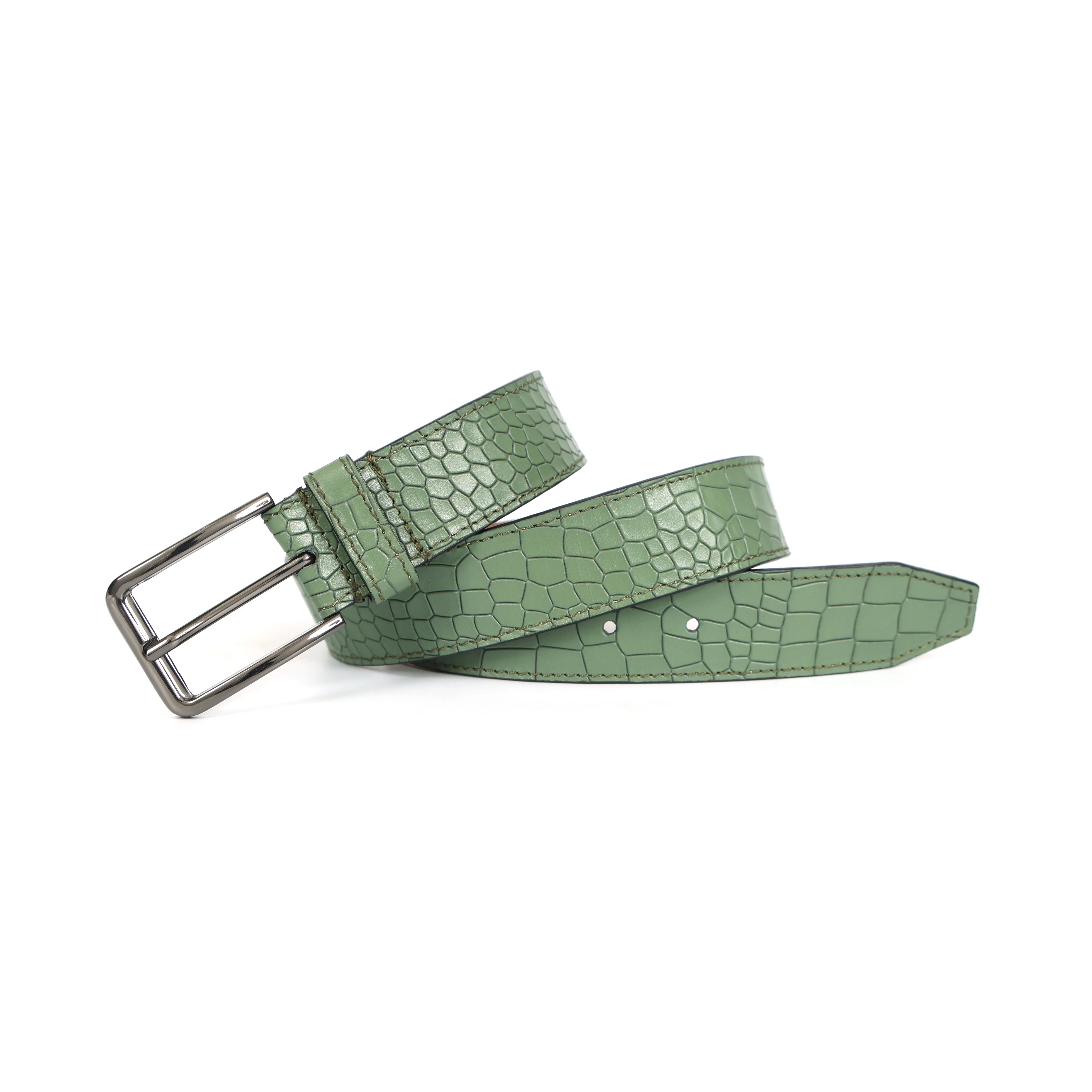 Men Mint Green Crocodile Texture Leather Belt Stylish Adjustable Buckle For Women - Image 3