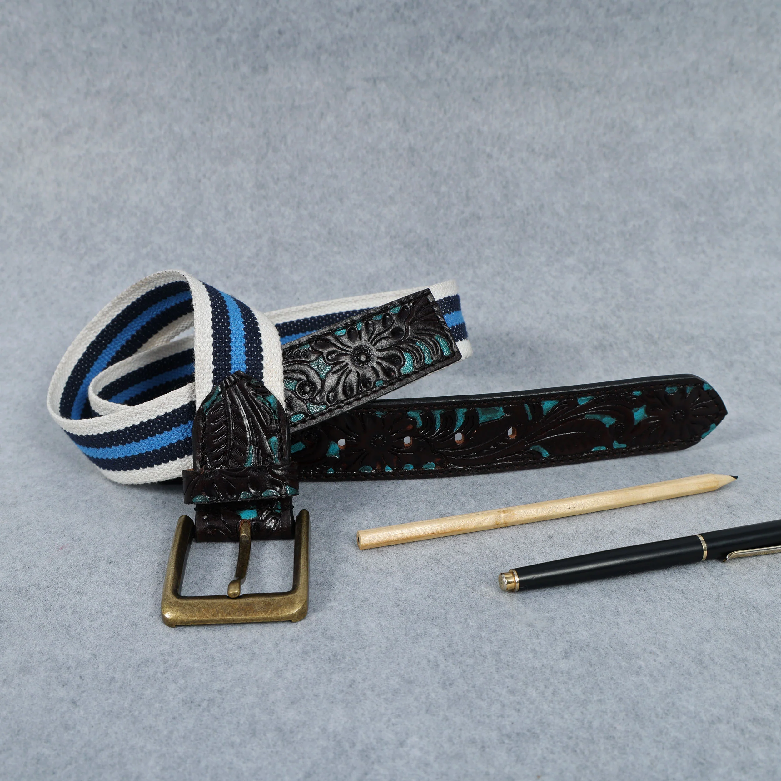 Unisex Genuine Leather Floral Embossed Canvas Blue White Waist Accessory Brass Buckle - Image 2