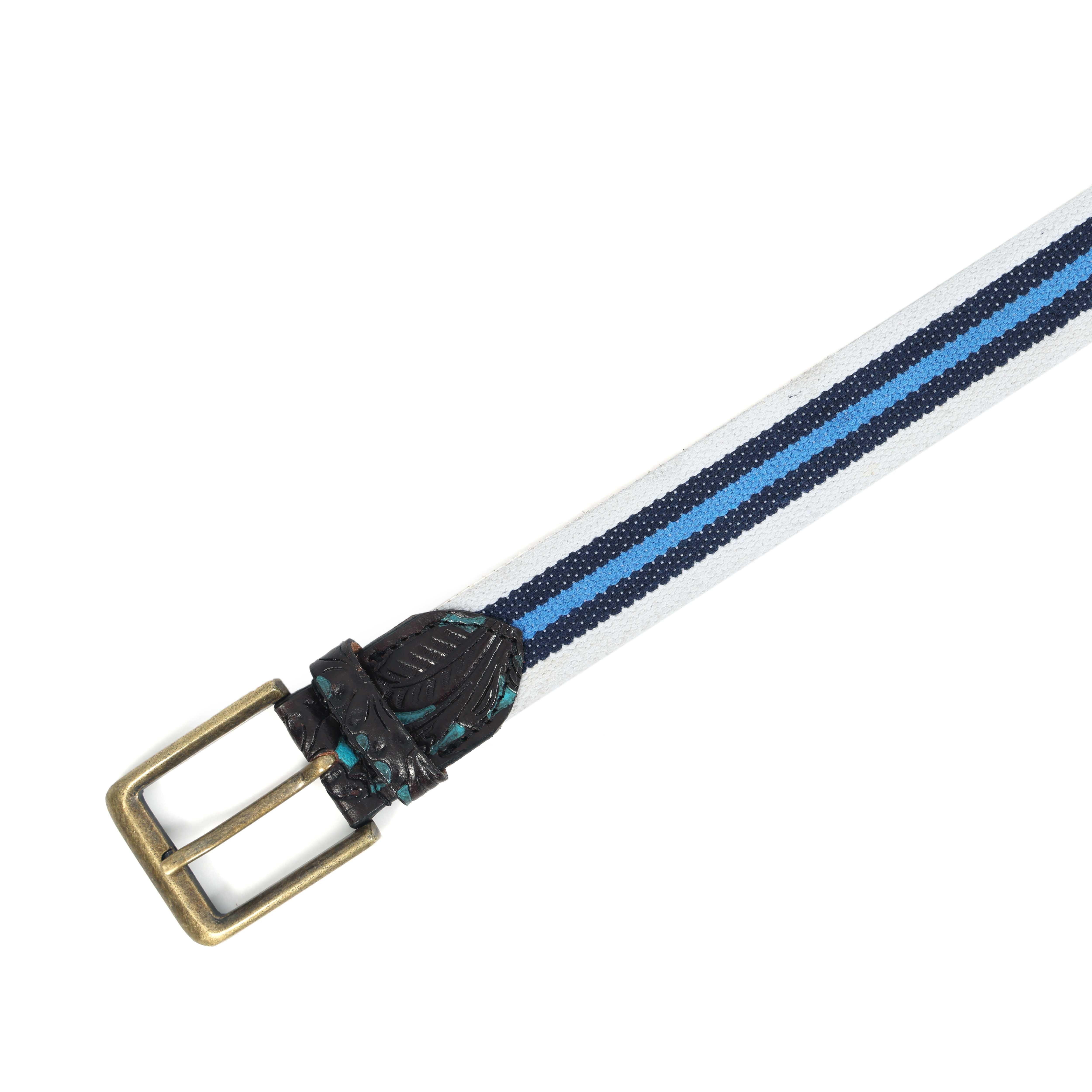 Unisex Genuine Leather Floral Embossed Canvas Blue White Waist Accessory Brass Buckle - Image 4