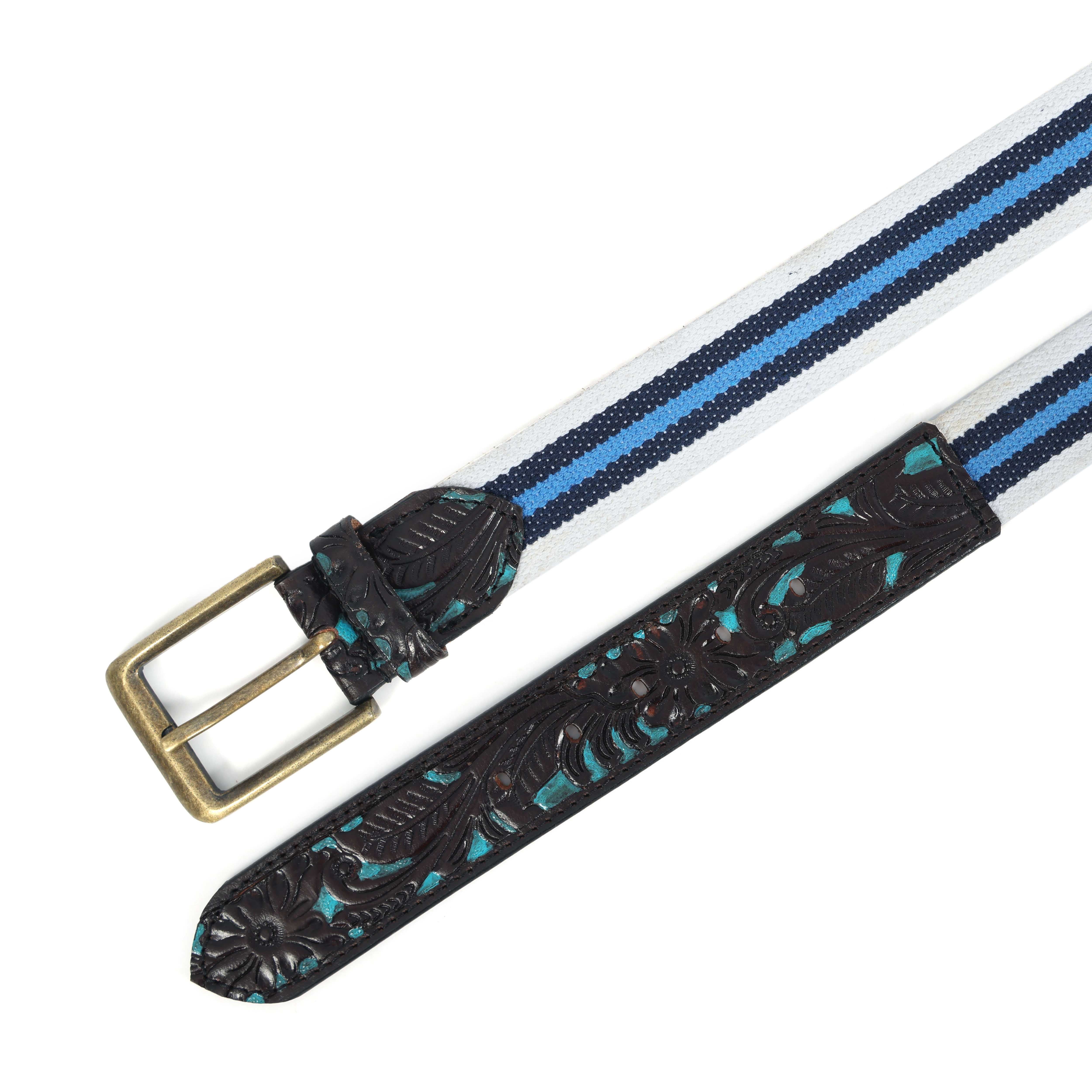 Unisex Genuine Leather Floral Embossed Canvas Blue White Waist Accessory Brass Buckle - Image 5