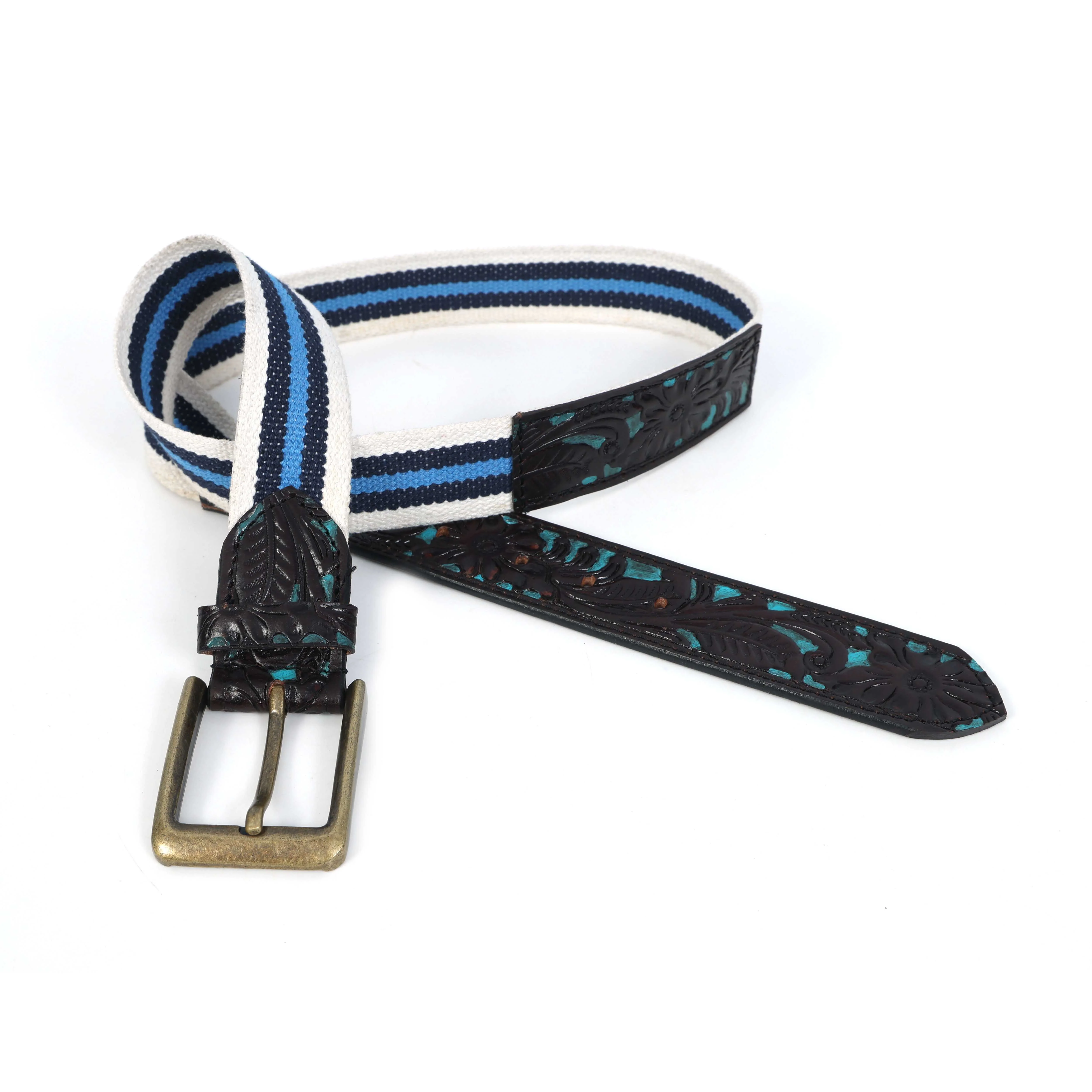 Unisex Genuine Leather Floral Embossed Canvas Blue White Waist Accessory Brass Buckle - Image 6
