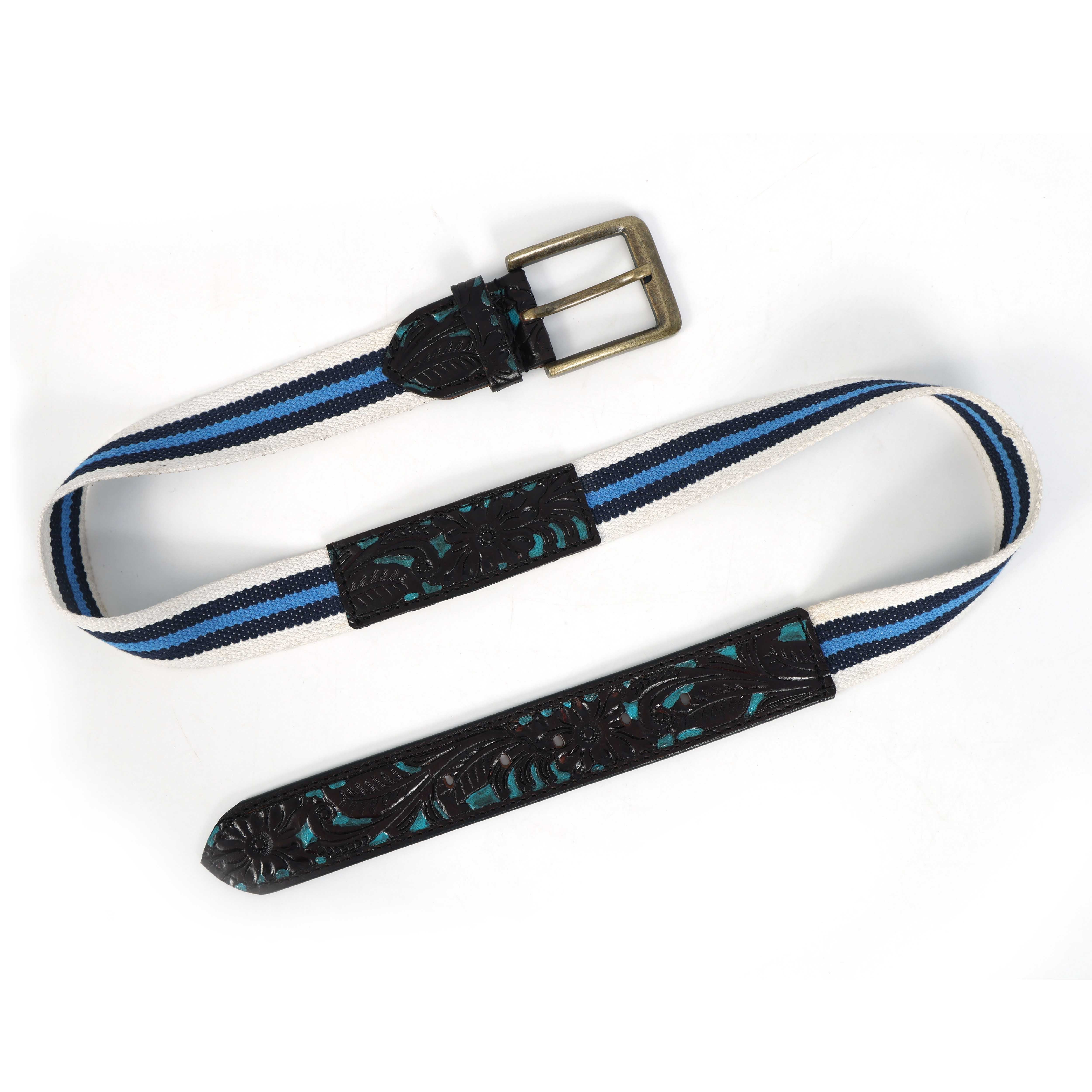 Unisex Genuine Leather Floral Embossed Canvas Blue White Waist Accessory Brass Buckle - Image 7