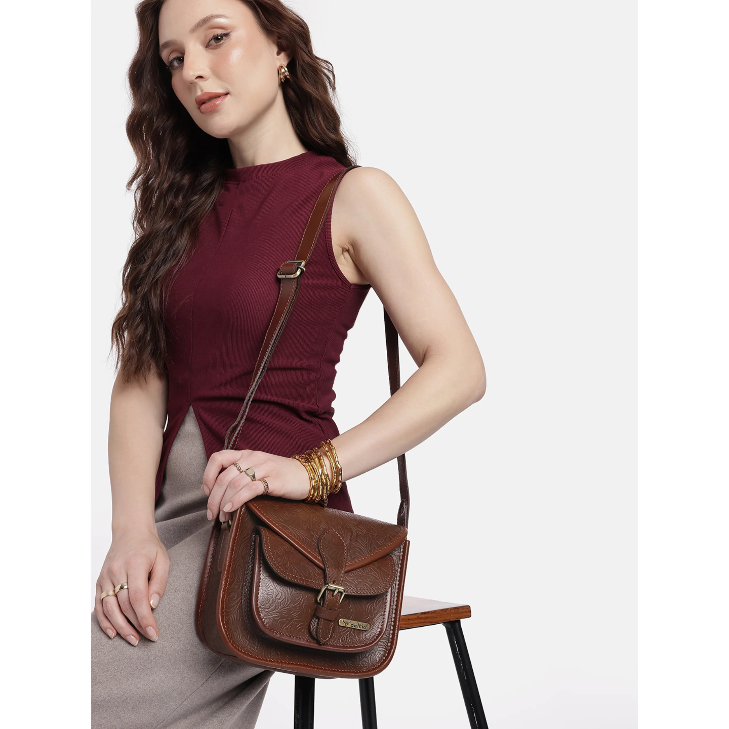 Premium Genuine Embossed Leather Sling Bag with Buckle Flap & Front Pocket - Image 12