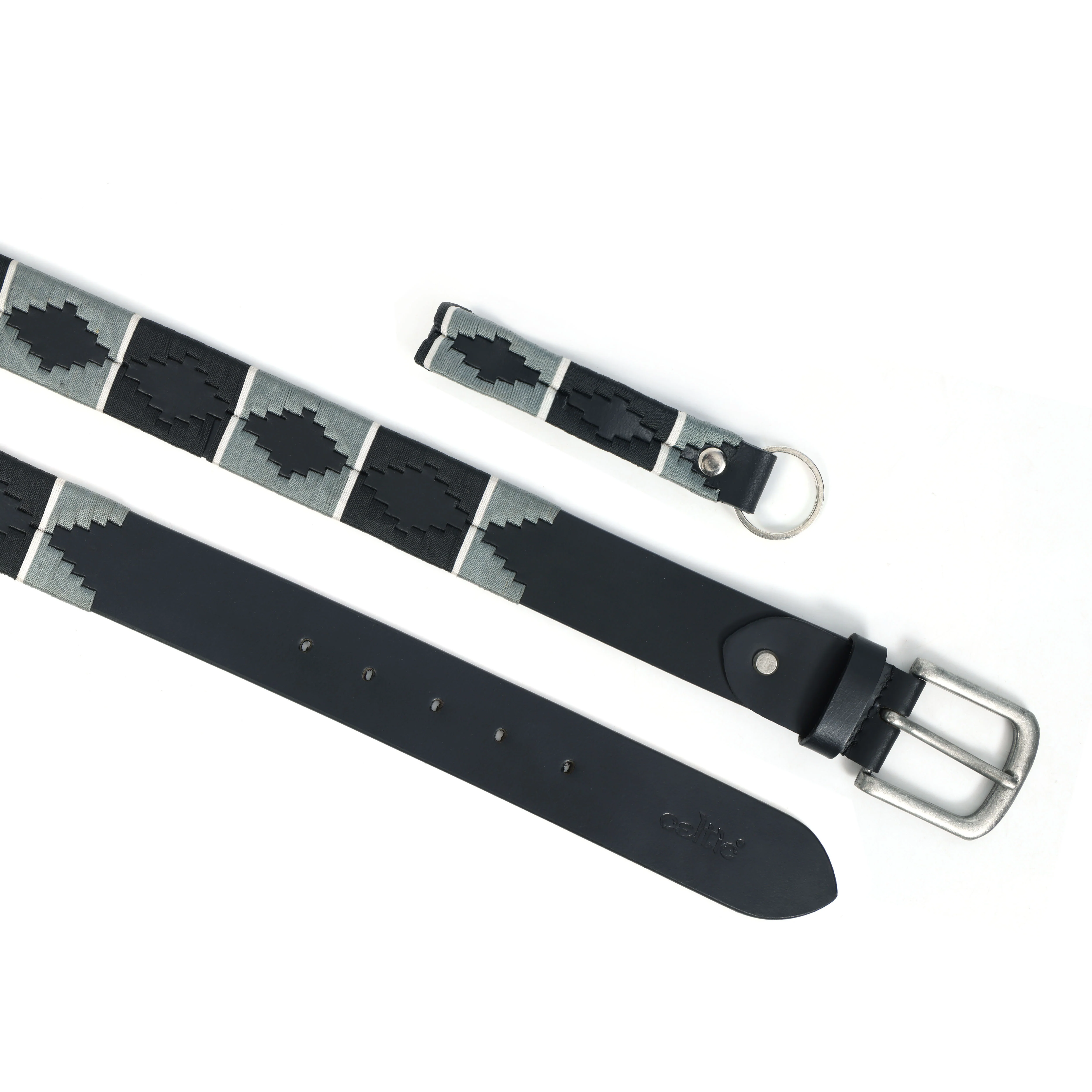 Unisex Handcrafted Black Leather Belt With Geometric Woven Strap And Antique Metal Buckle - Image 2