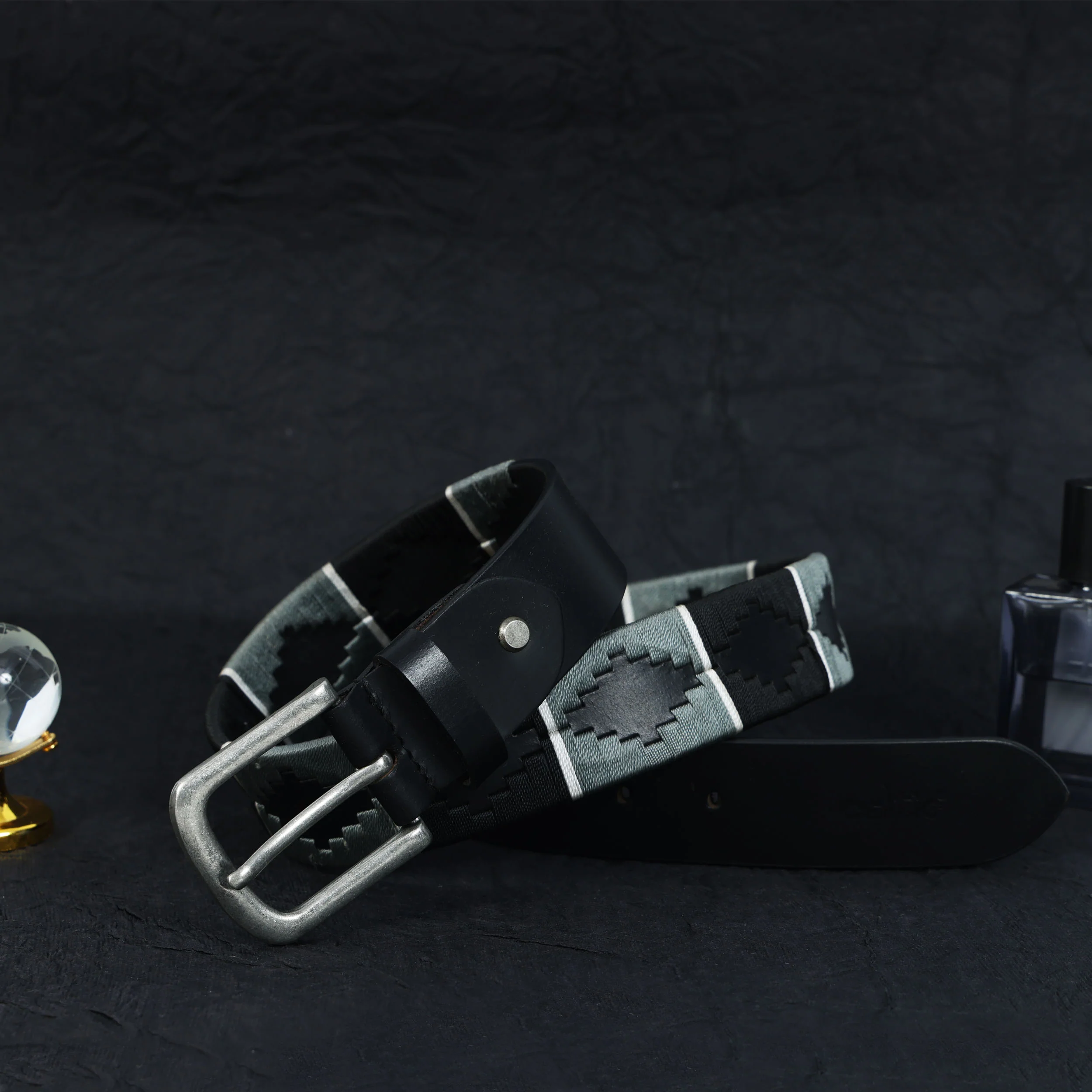 Unisex Handcrafted Black Leather Belt With Geometric Woven Strap And Antique Metal Buckle - Image 3