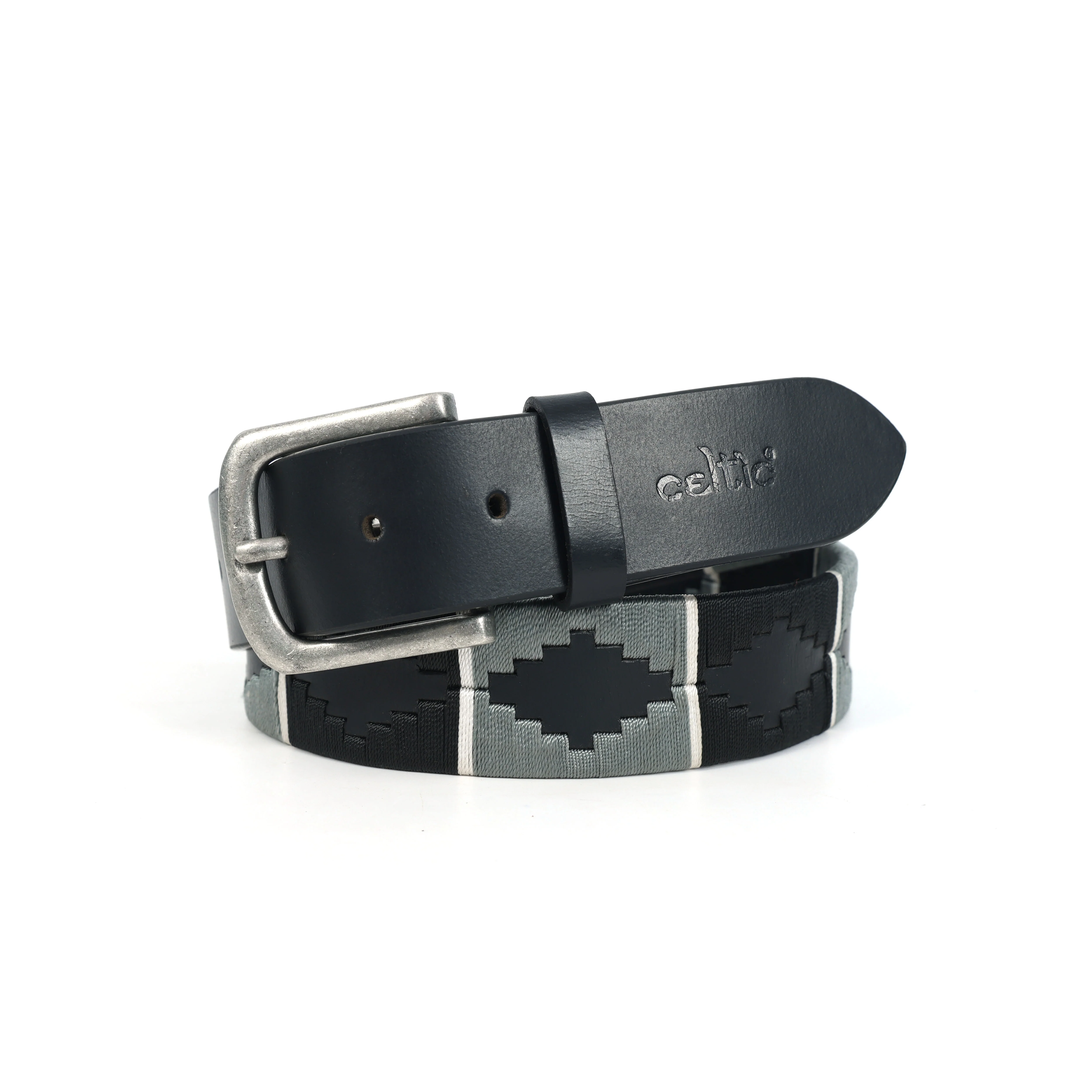 Unisex Handcrafted Black Leather Belt With Geometric Woven Strap And Antique Metal Buckle - Image 4