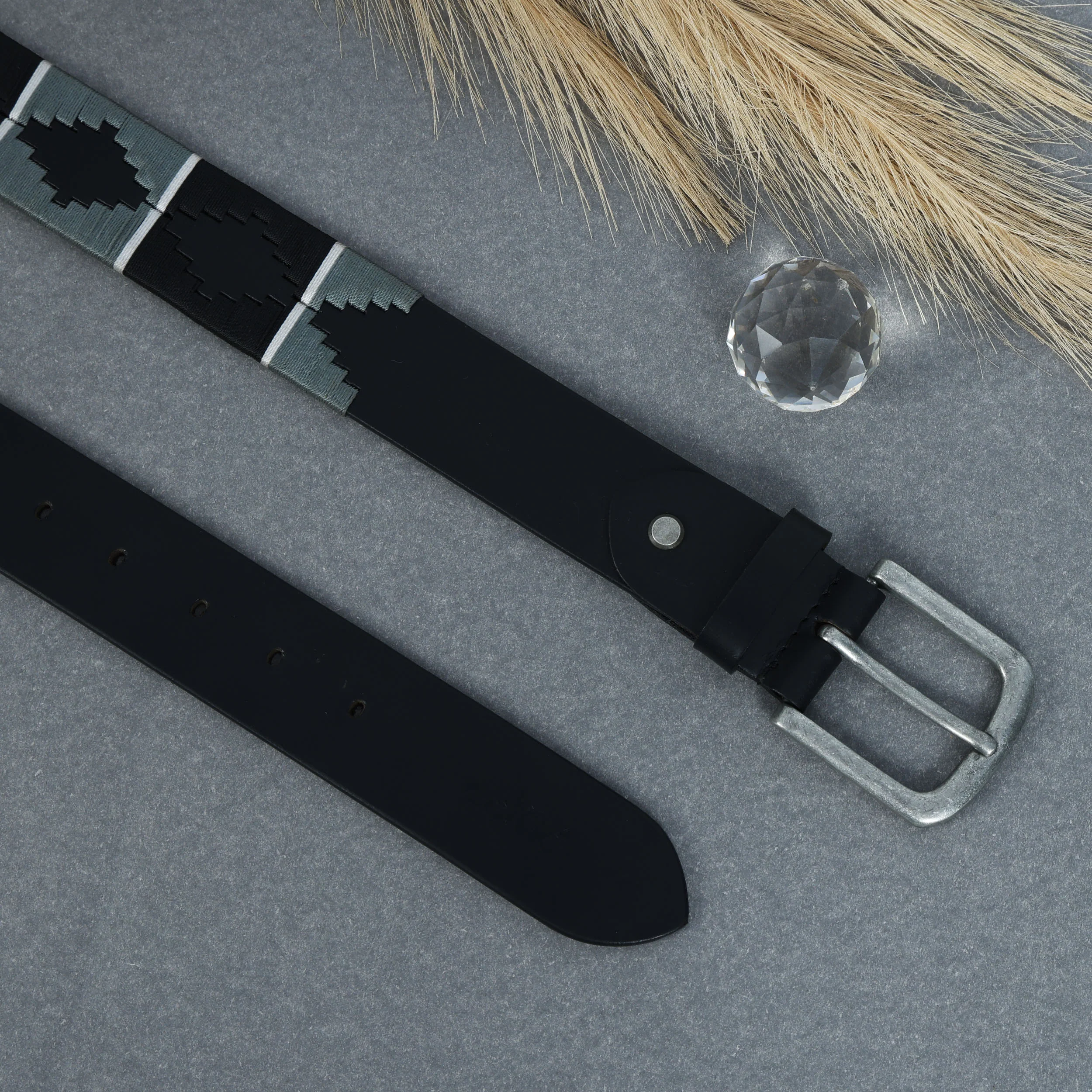 Unisex Handcrafted Black Leather Belt With Geometric Woven Strap And Antique Metal Buckle - Image 5