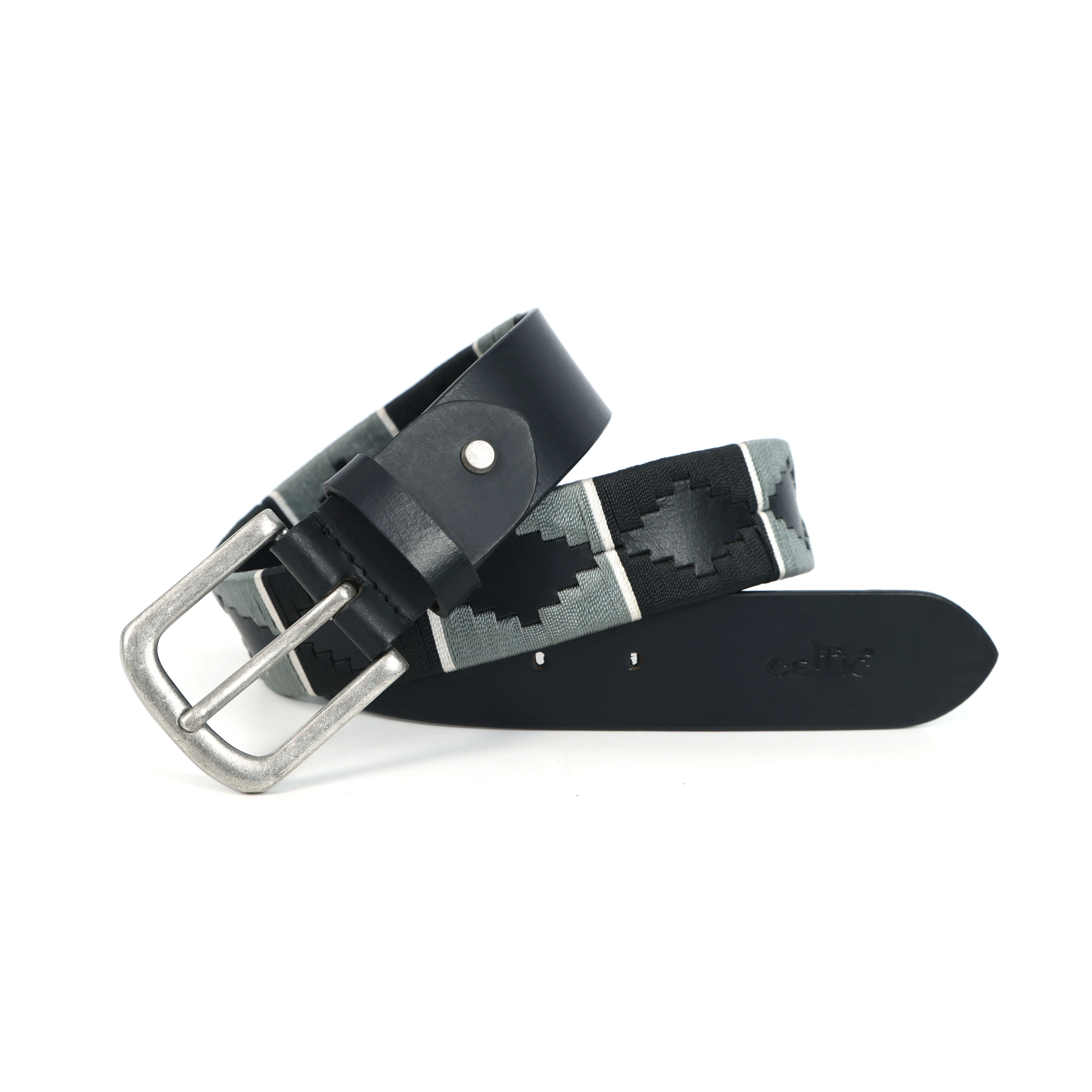 Unisex Handcrafted Black Leather Belt With Geometric Woven Strap And Antique Metal Buckle - Image 6