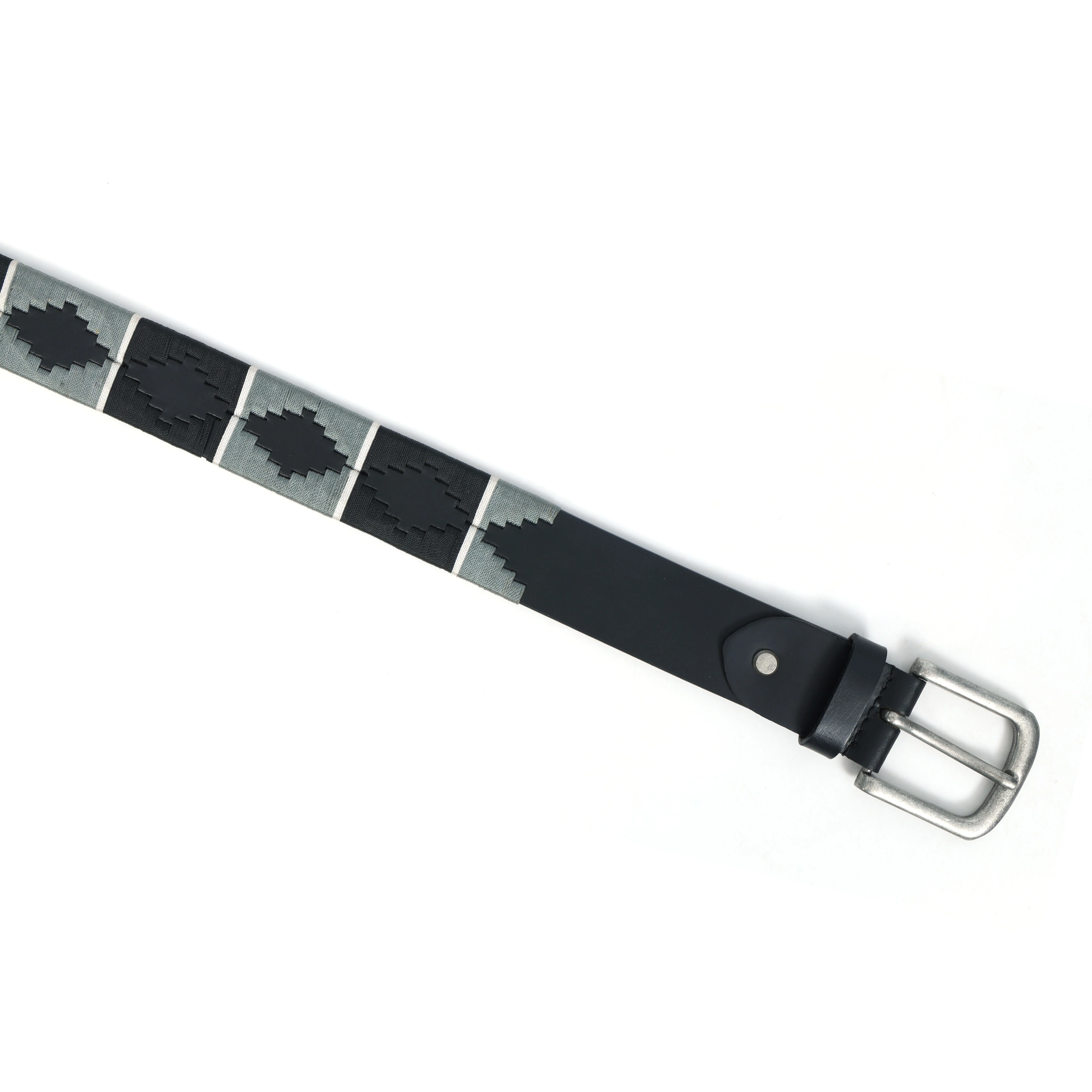 Unisex Handcrafted Black Leather Belt With Geometric Woven Strap And Antique Metal Buckle - Image 7