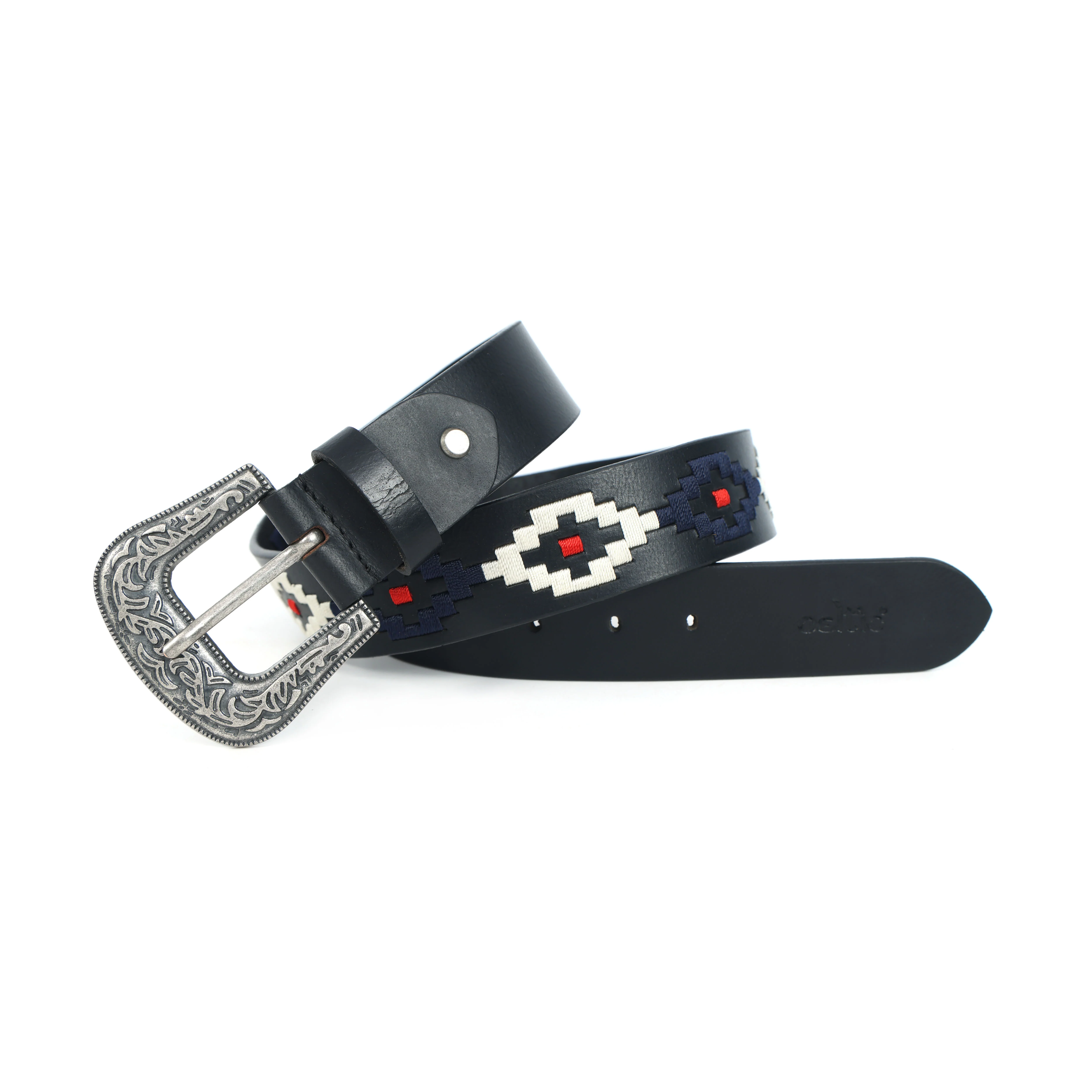 Unisex Handcrafted Black Leather Belt Aztec Pattern Antique Buckle Premium Artisan Accessory - Image 6