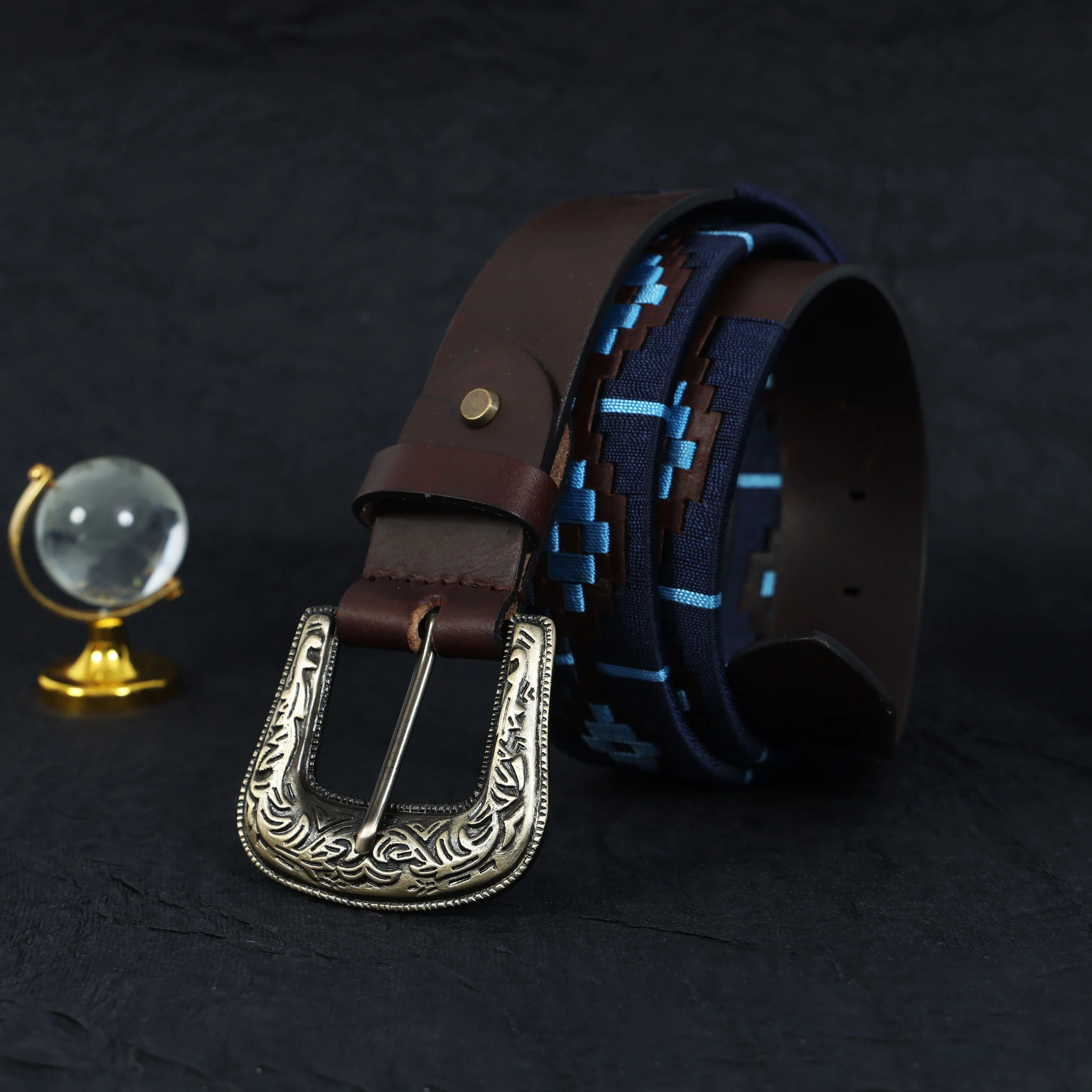 Unisex Handcrafted Leather Belt With Geometric Weave Antique Buckle Casual Wear Accessory. - Image 2