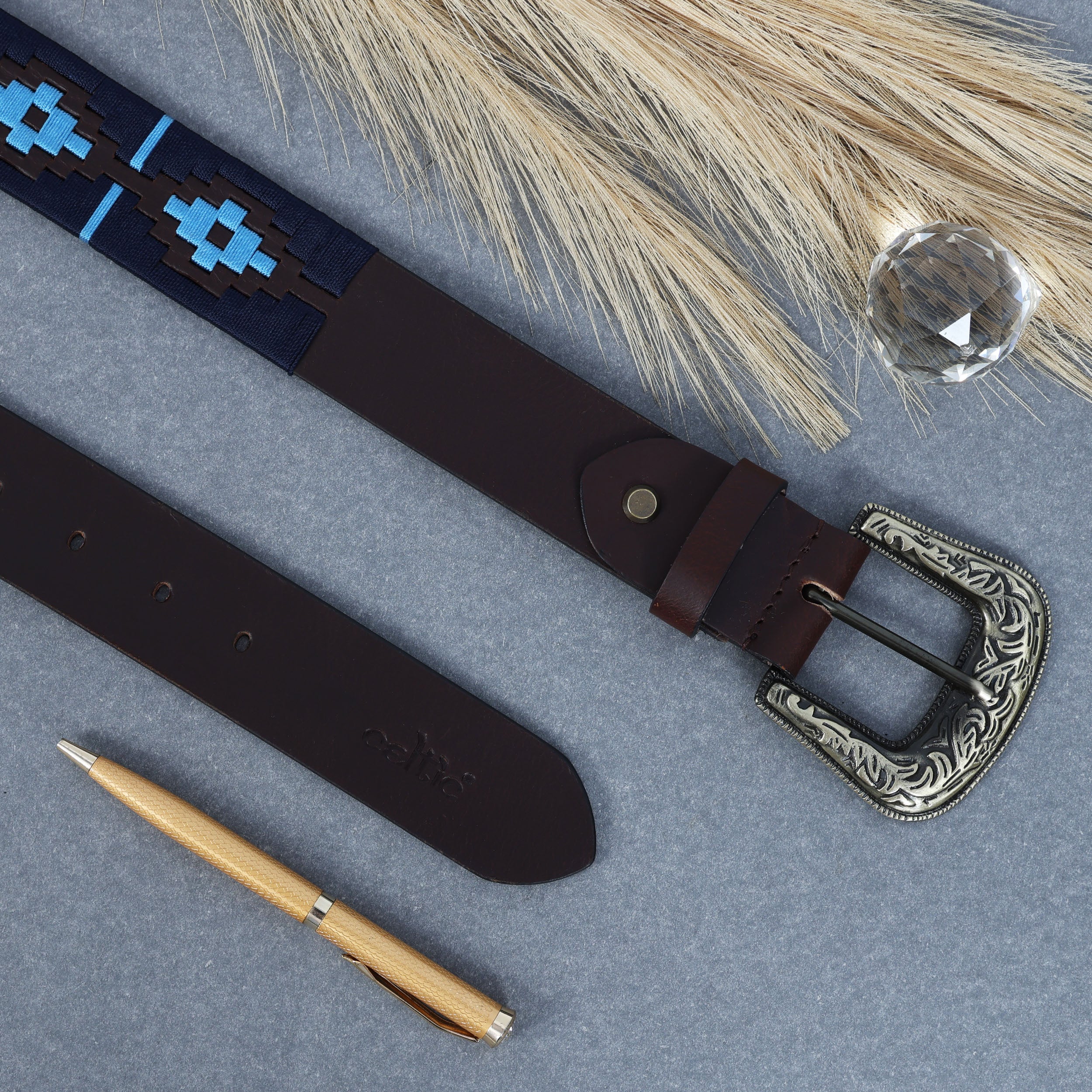Unisex Handcrafted Leather Belt With Geometric Weave Antique Buckle Casual Wear Accessory. - Image 3