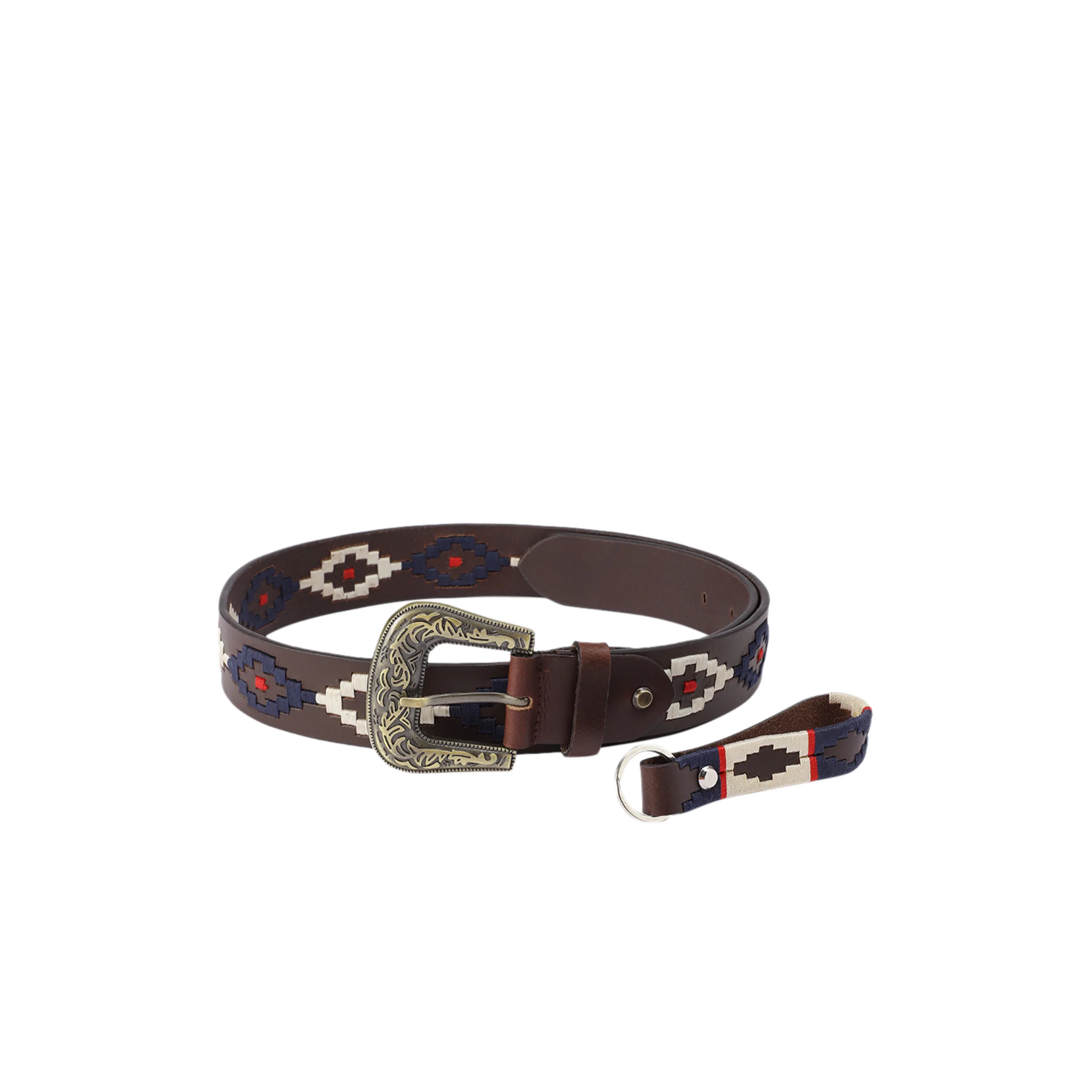 Unisex Handcrafted premium Leather Belt With Geometric Fabric Inlay And Antique Metal Buckle - Image 2
