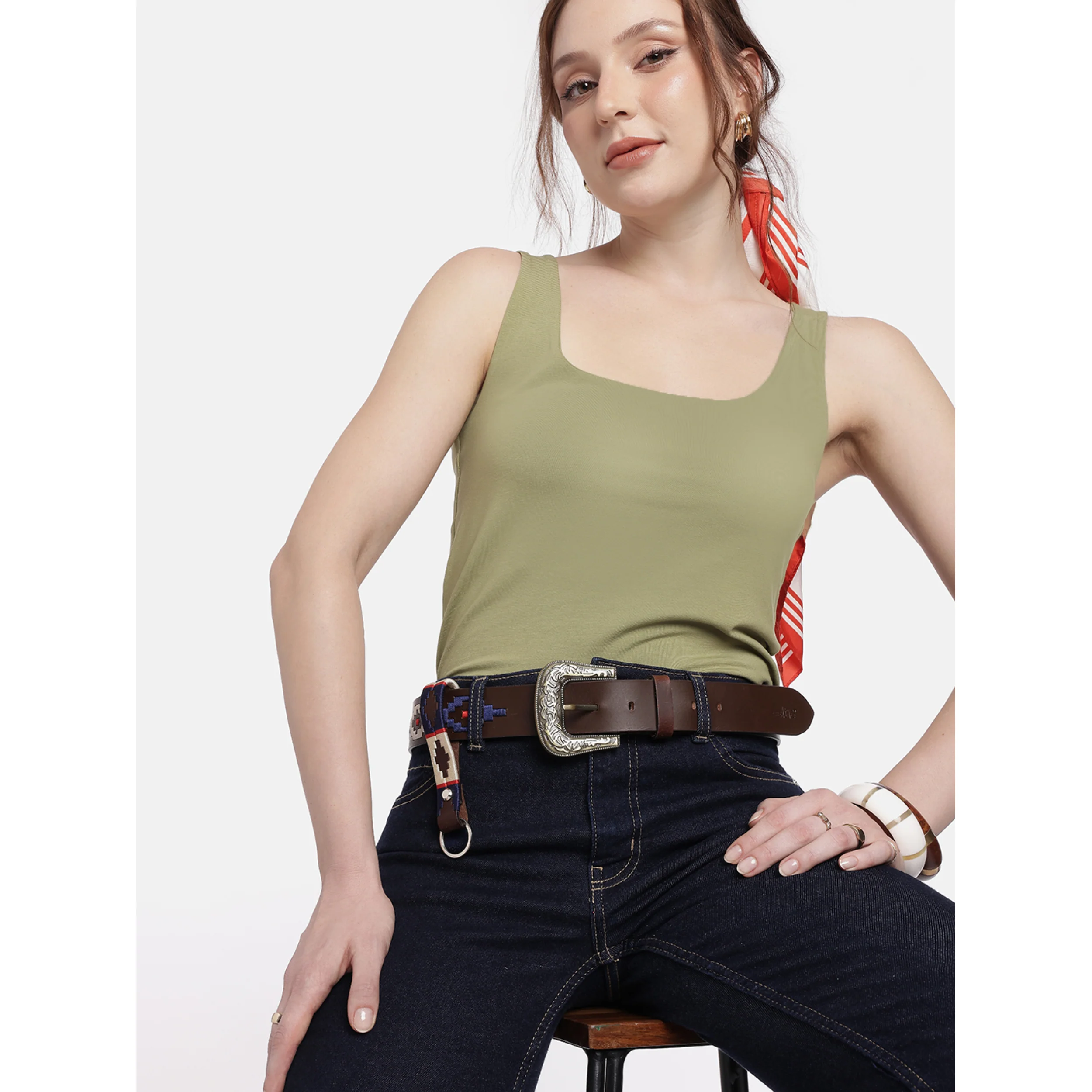 Unisex Handcrafted premium Leather Belt With Geometric Fabric Inlay And Antique Metal Buckle - Image 3