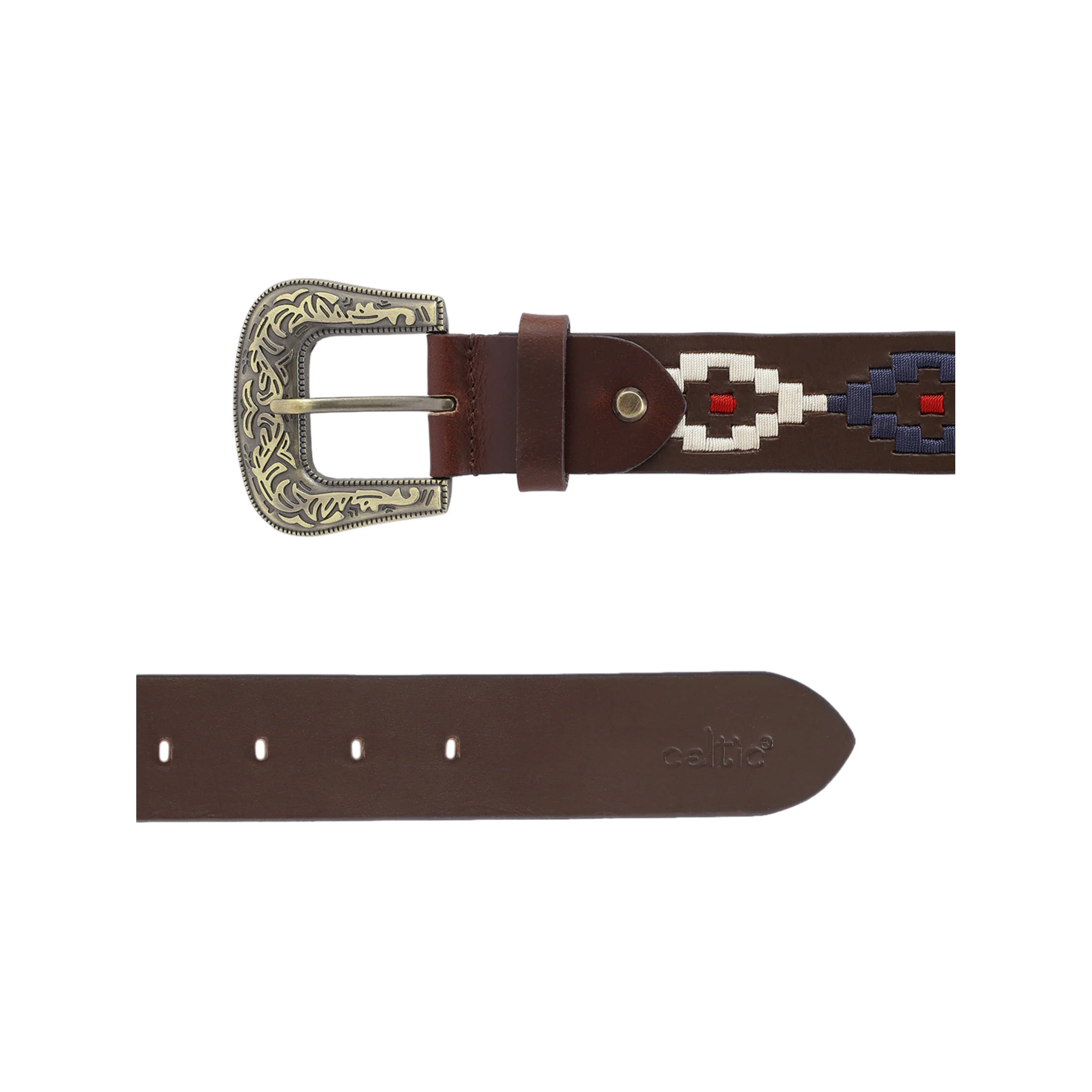 Unisex Handcrafted premium Leather Belt With Geometric Fabric Inlay And Antique Metal Buckle - Image 7