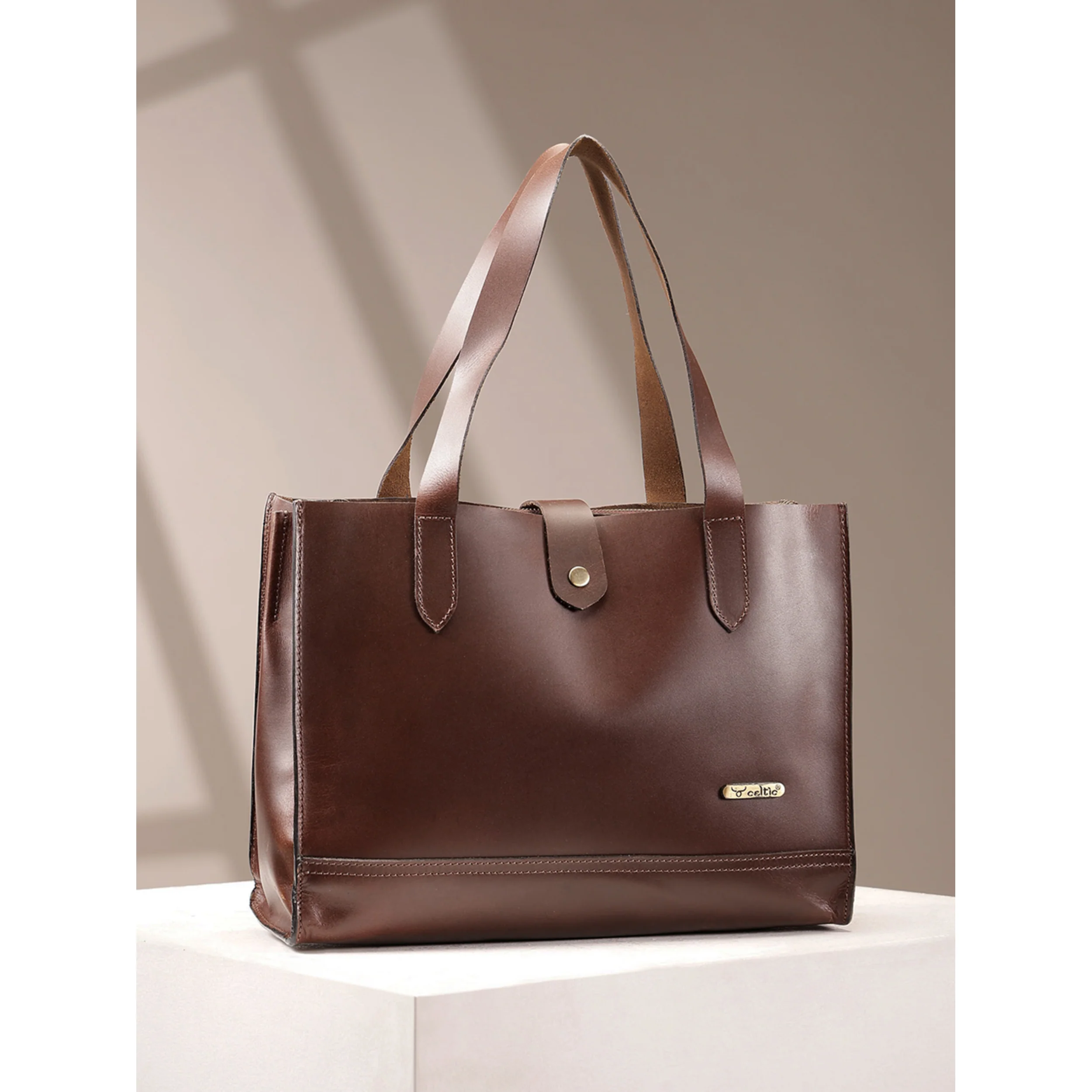 Premium Genuine Leather Structured Shopper Tote with Dual Compartments & Snap Closure - Image 12
