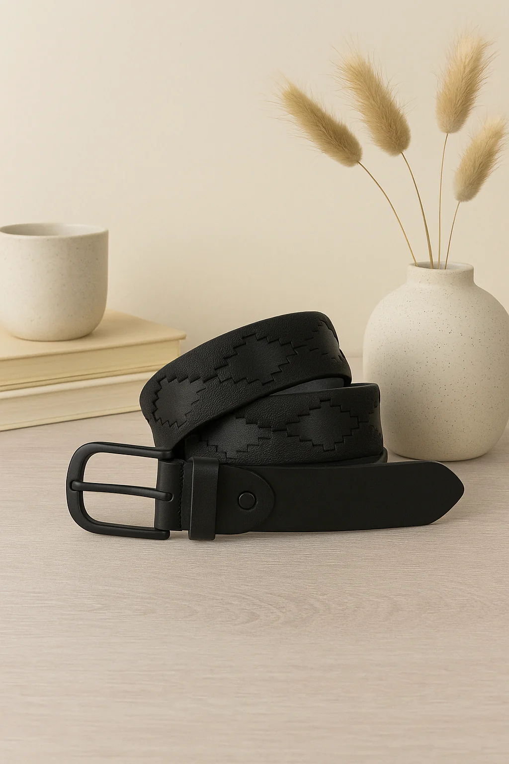 Unisex Premium Black Leather Belt With Geometric Weaving  Matte Buckle Casual Wear - Image 2