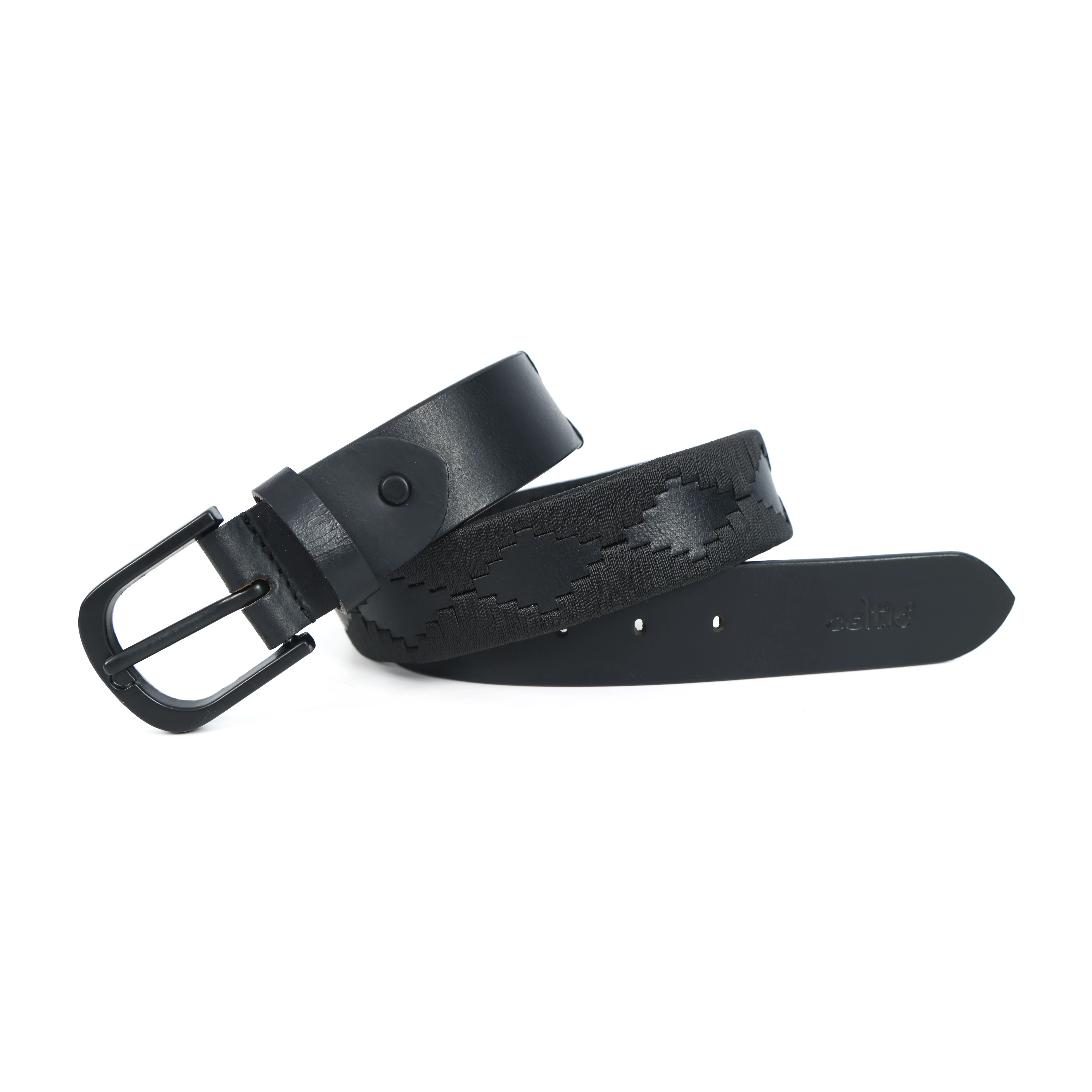 Unisex Premium Black Leather Belt With Geometric Weaving  Matte Buckle Casual Wear - Image 5