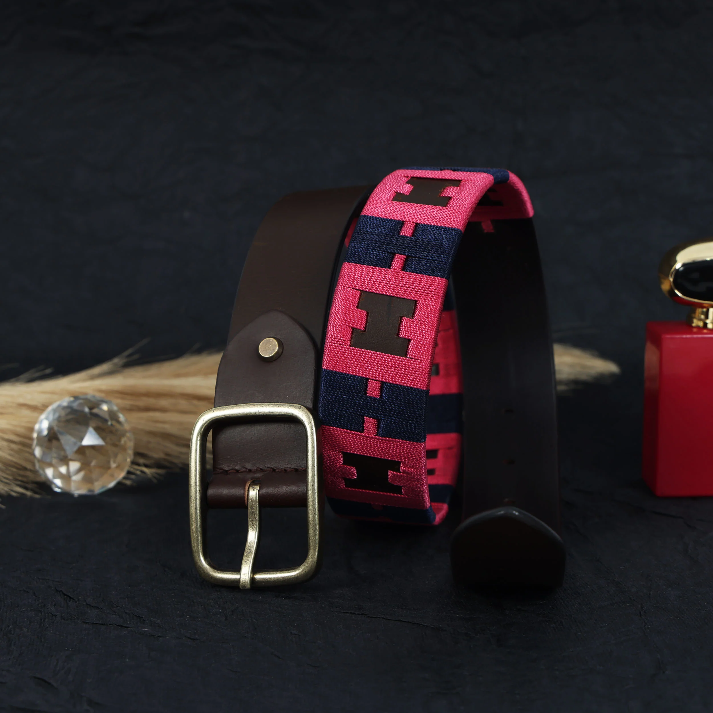 Unisex Handcrafted Leather Fabric Belt With Geometric Weave Antique Buckle Casual Wear - Image 3