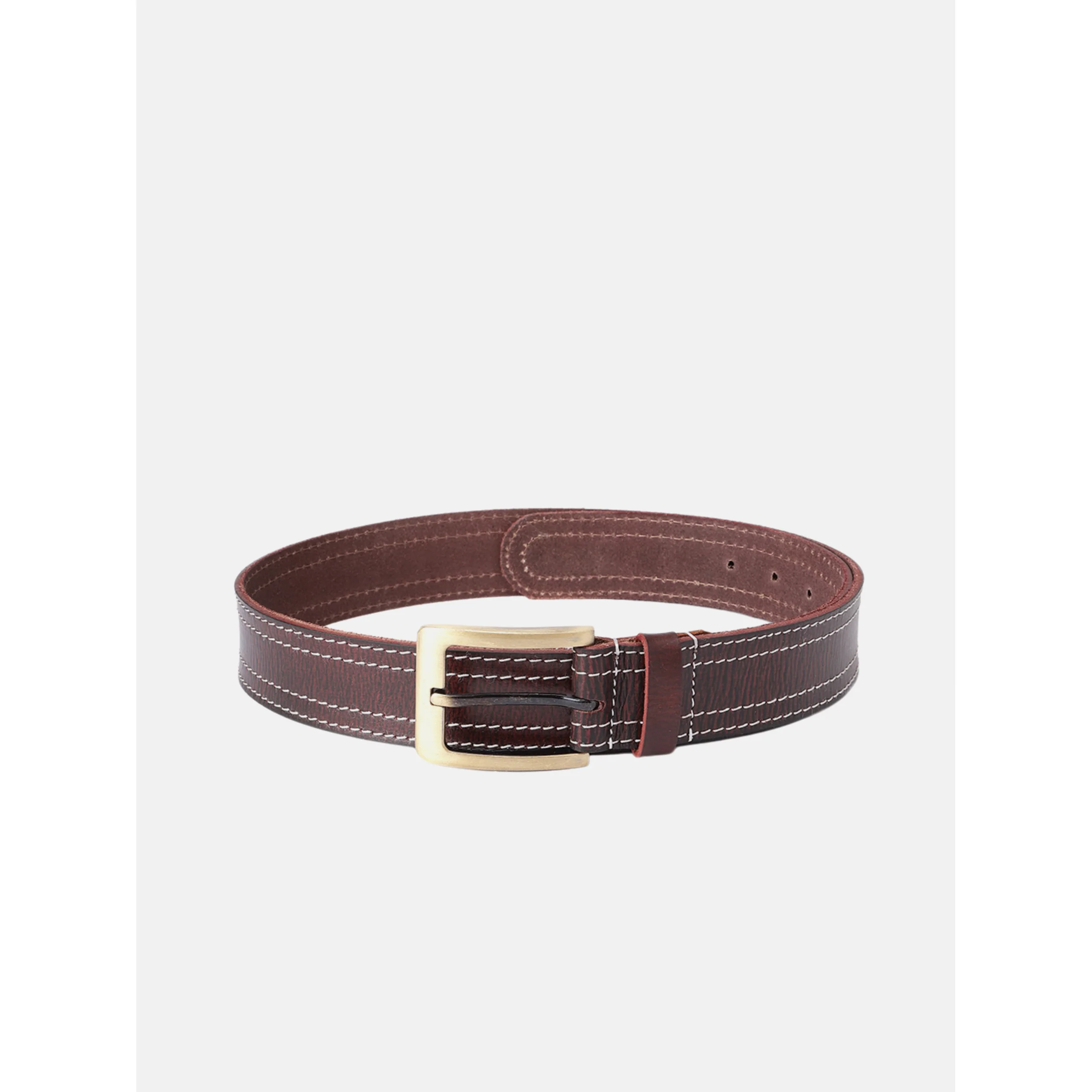 Unisex Genuine Leather Maroon Belt With  Contrast Stitching and  Brass Buckle - Image 3