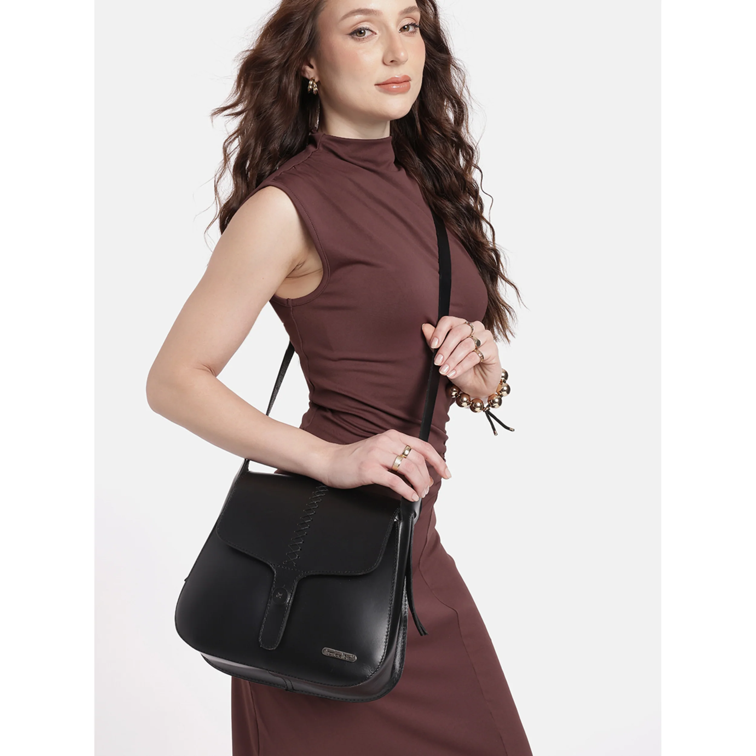 Premium Genuine Leather Sling Bag with Hand-Stitched Detail & Adjustable Strap - Image 6