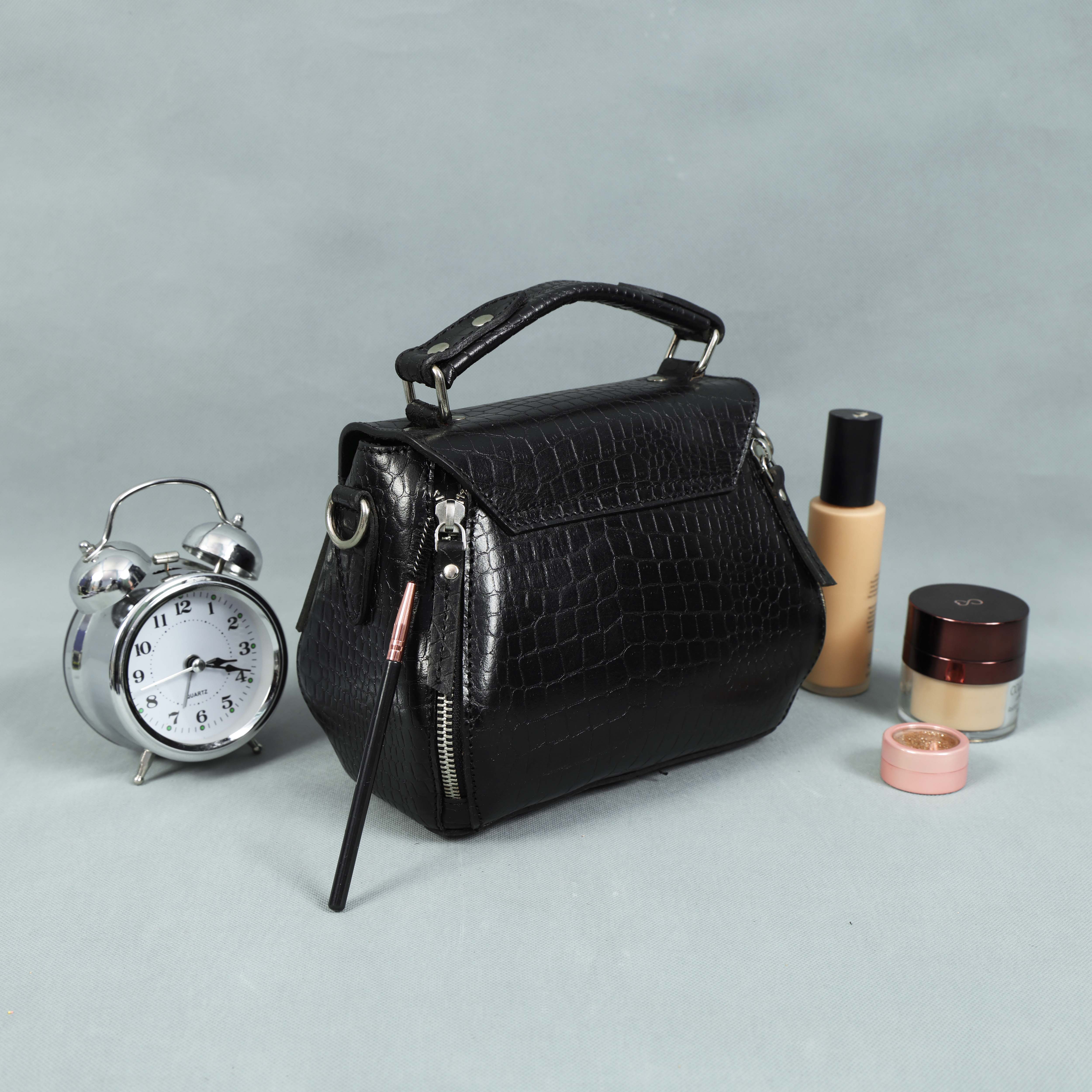 Premium Croc-Embossed Leather Handbag with Top Handle & Structured Zip Compartments - Image 3