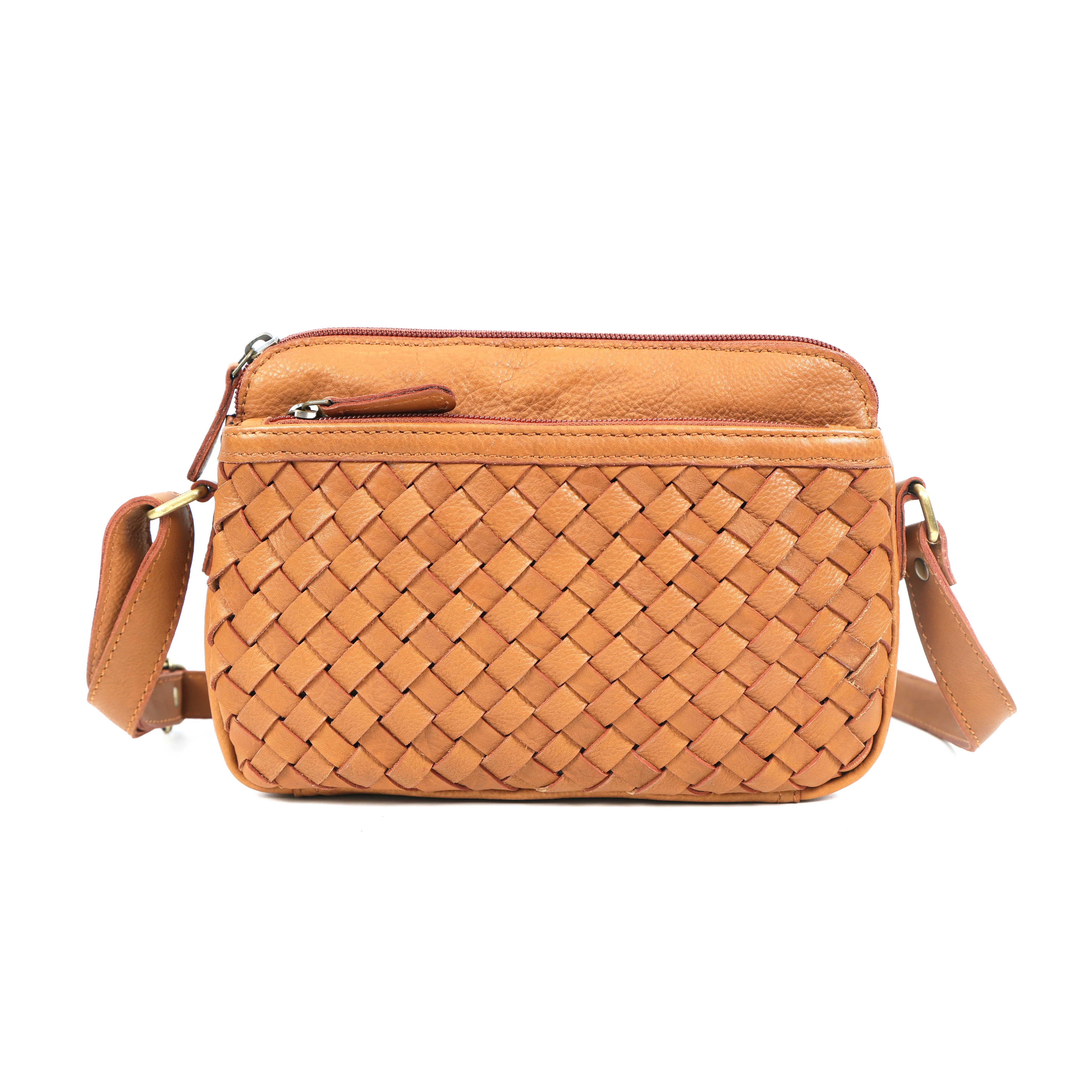 Premium Handwoven Leather Crossbody Bag with Adjustable Strap & Zip Compartments - Image 3