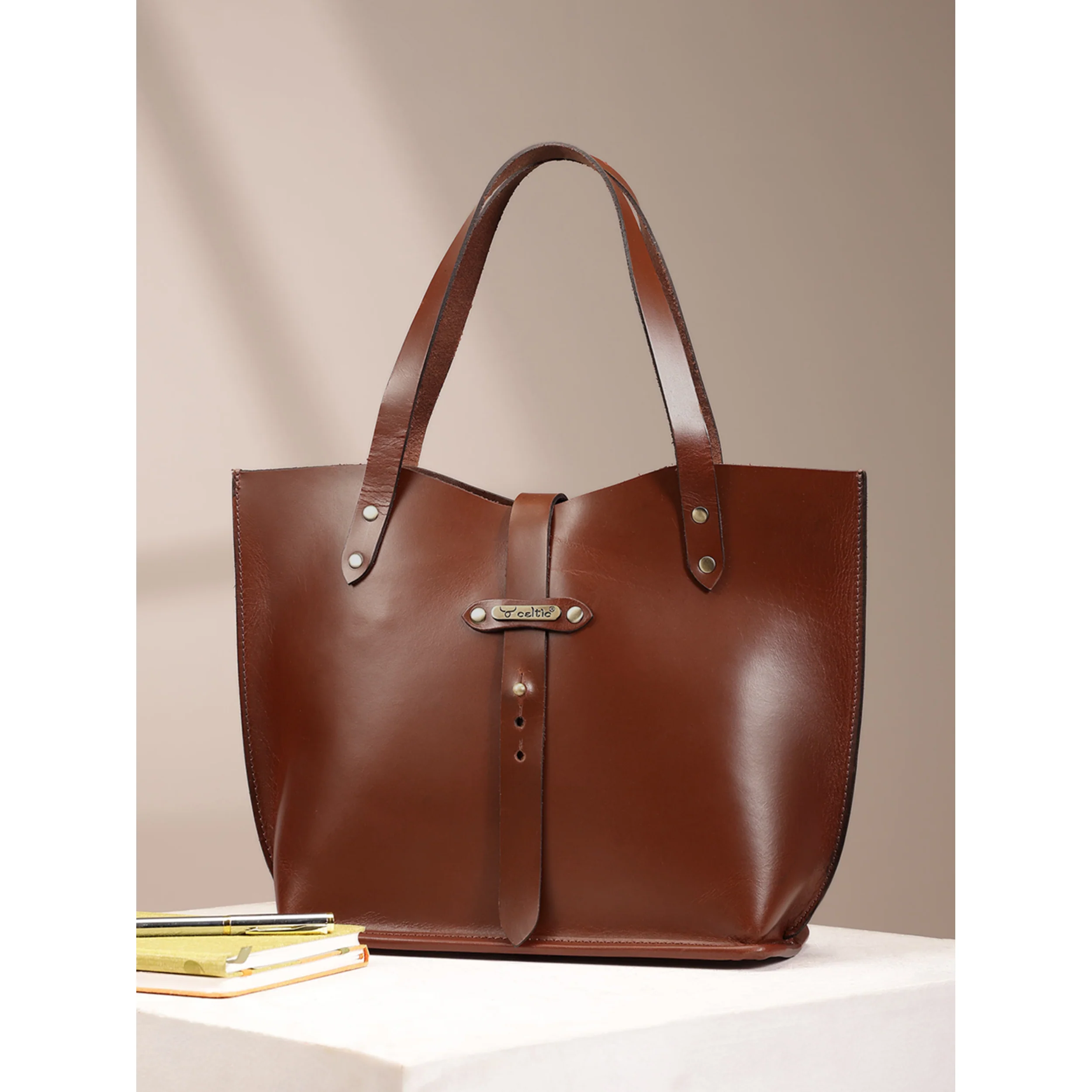 Premium Genuine Leather Tote Bag with Riveted Handles and Spacious Interior Pocket - Image 11