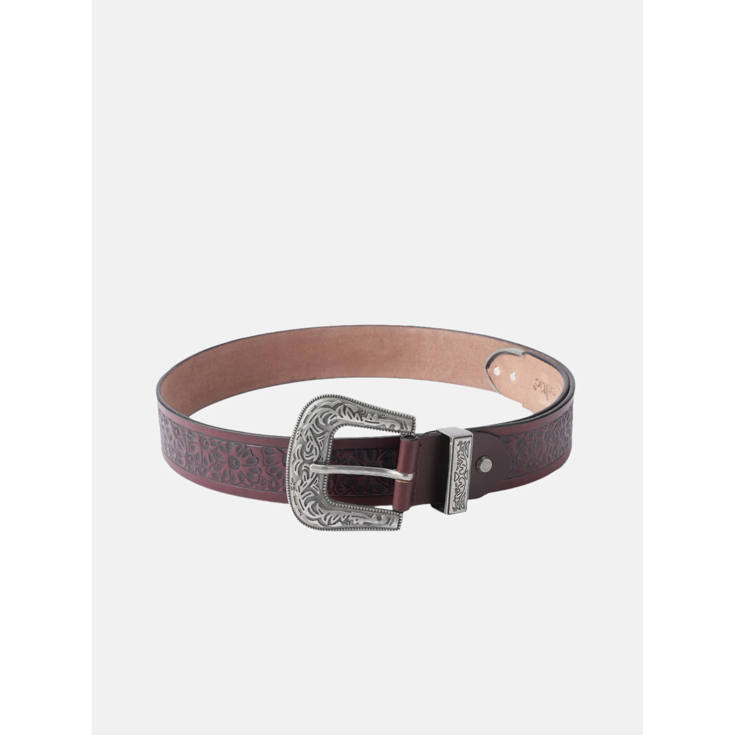 Vintage Floral Embossed Leather Belt With Ornate Silver Buckle For Men - Image 2