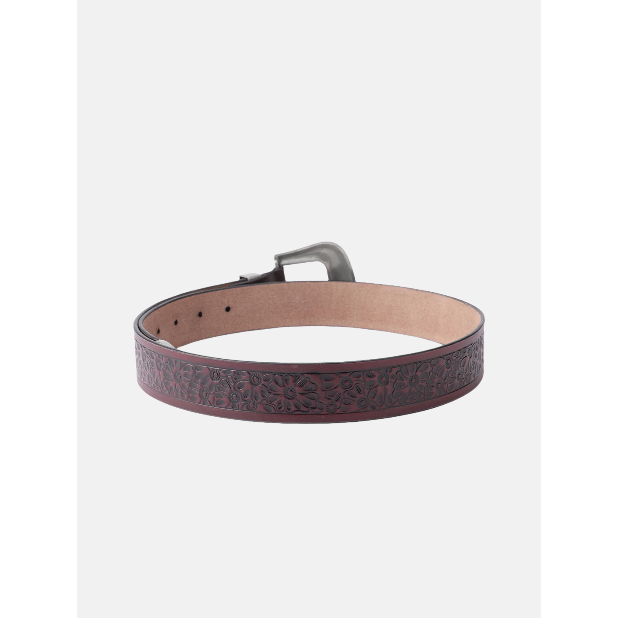 Vintage Floral Embossed Leather Belt With Ornate Silver Buckle For Men - Image 3