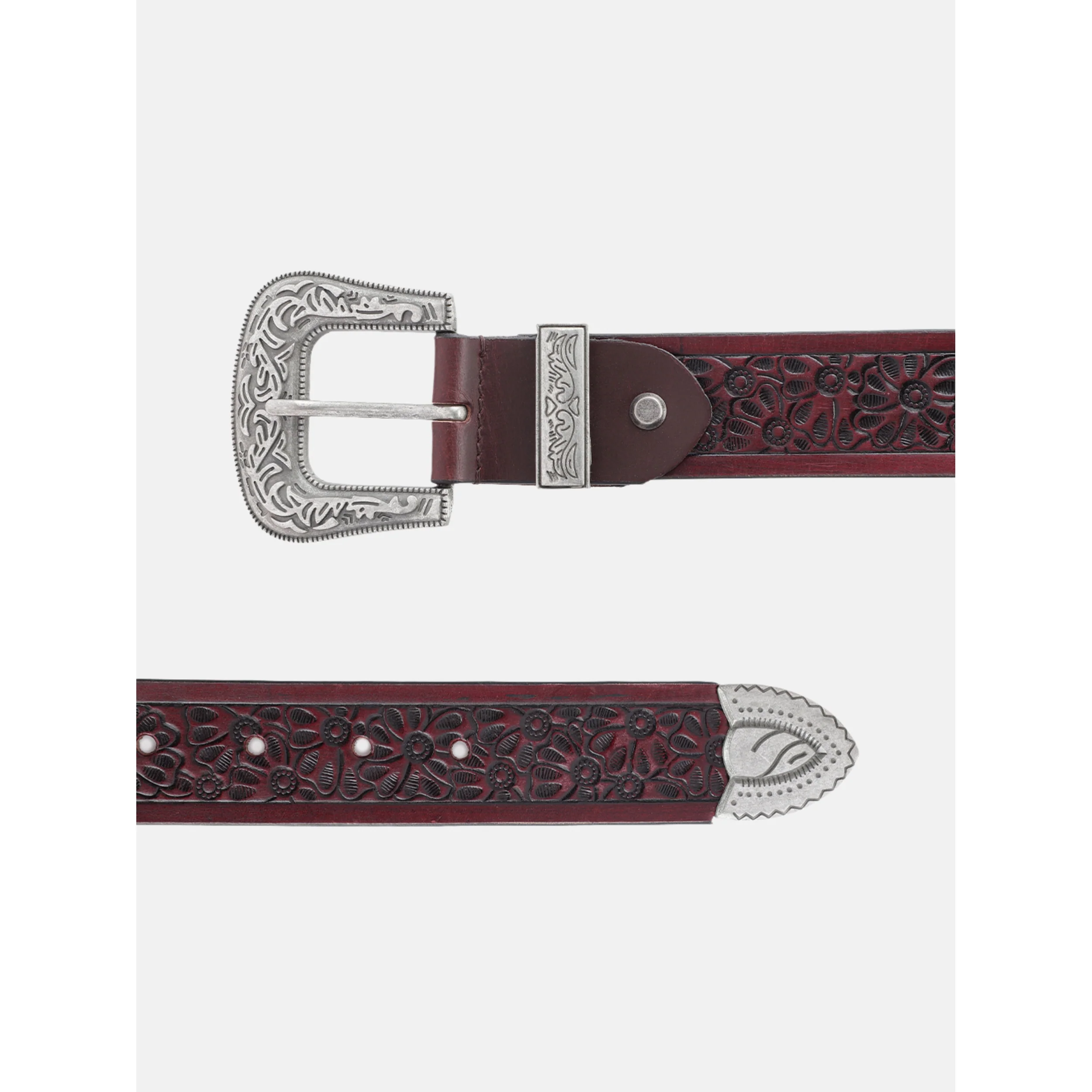 Vintage Floral Embossed Leather Belt With Ornate Silver Buckle For Men - Image 4