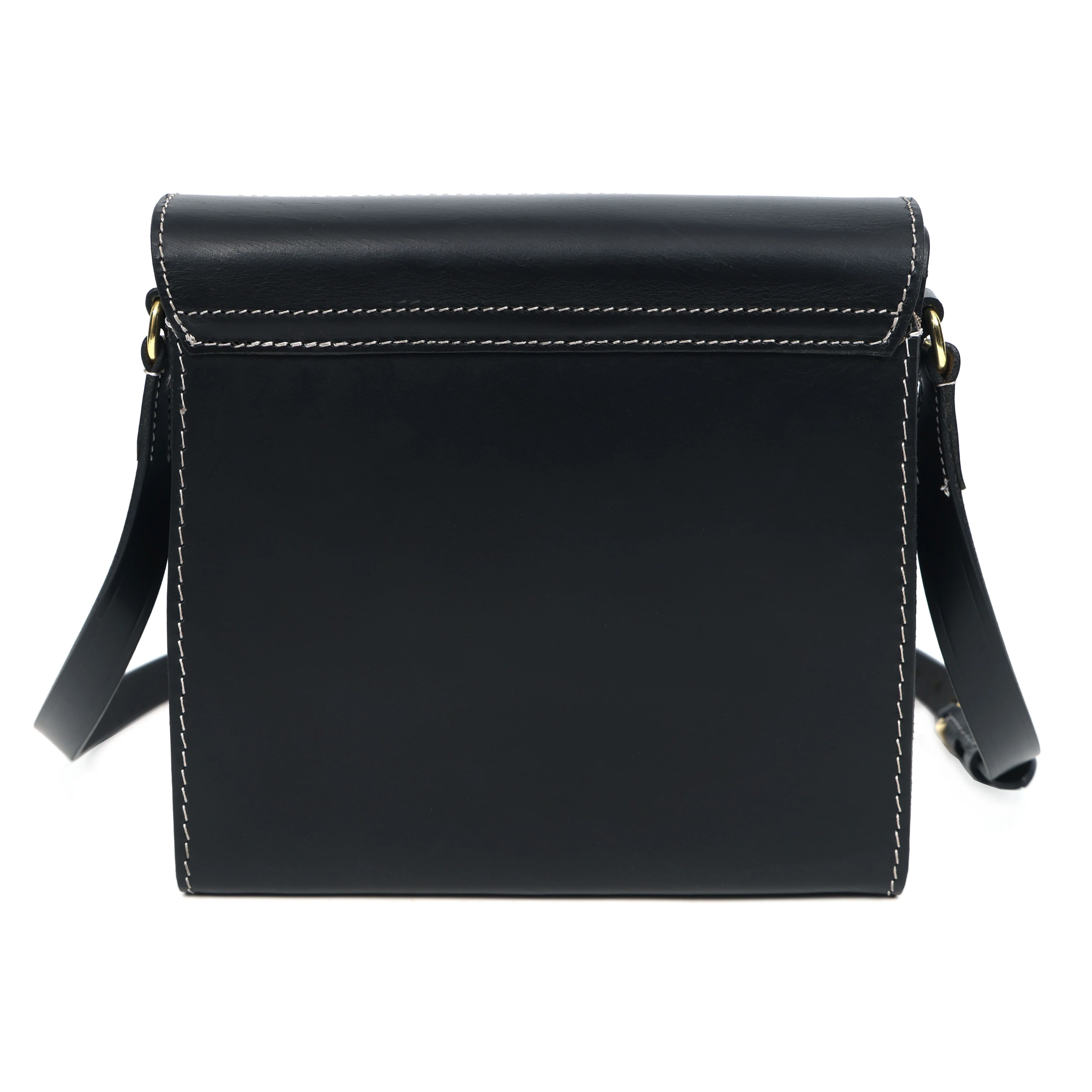 Black Structured Leather Crossbody Bag with Contrast Stitching & Secure Turn-Lock - Image 3