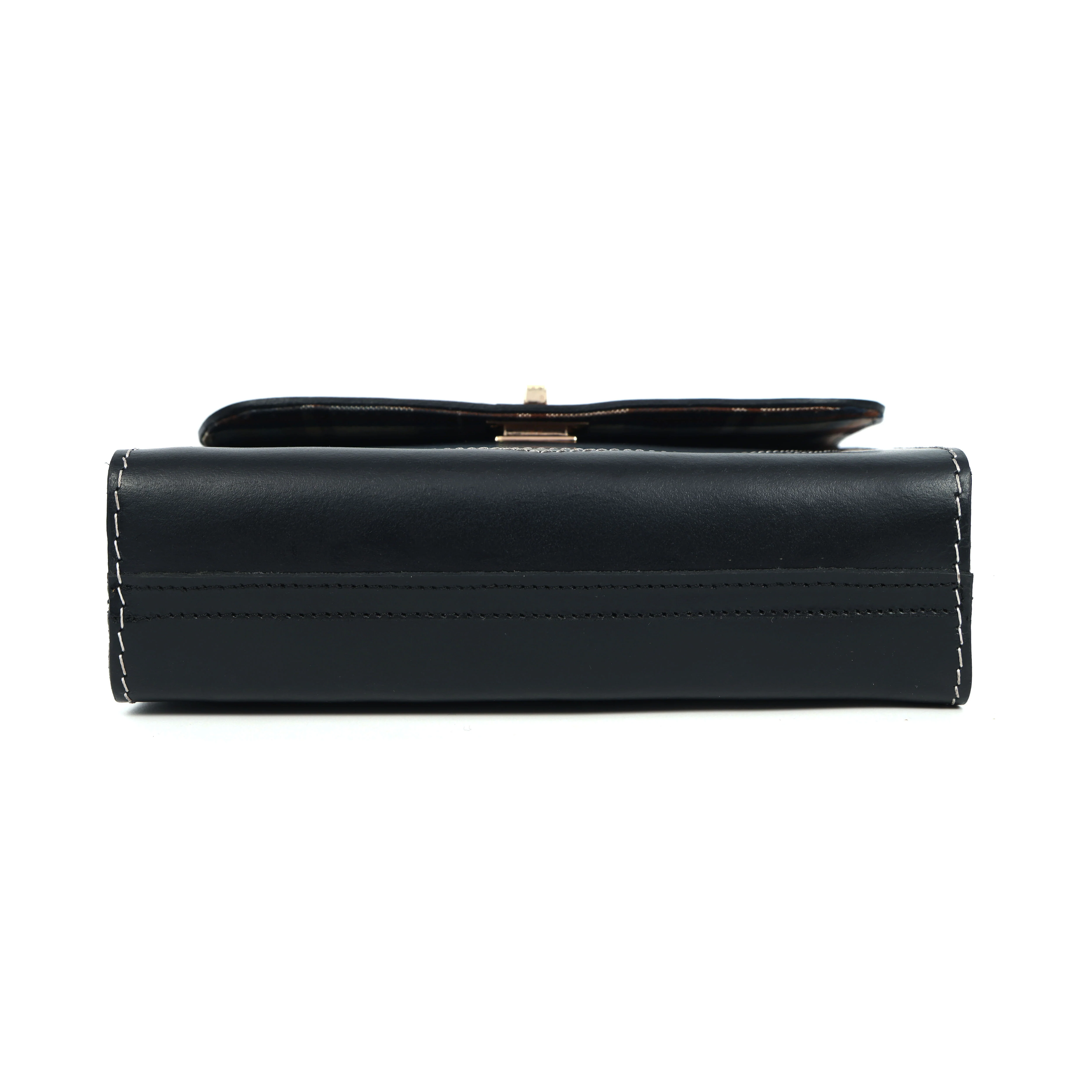 Black Structured Leather Crossbody Bag with Contrast Stitching & Secure Turn-Lock - Image 4