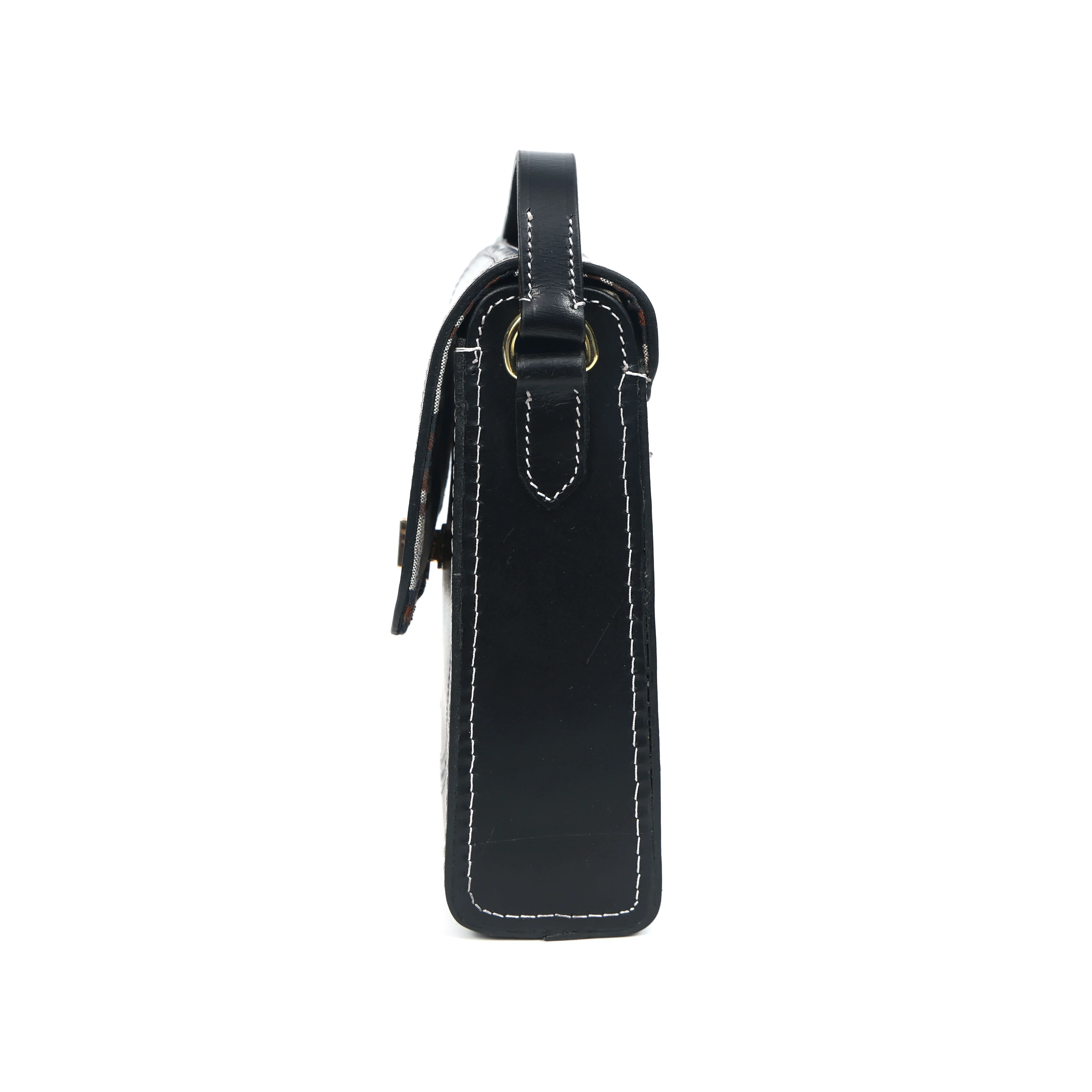 Black Structured Leather Crossbody Bag with Contrast Stitching & Secure Turn-Lock - Image 6