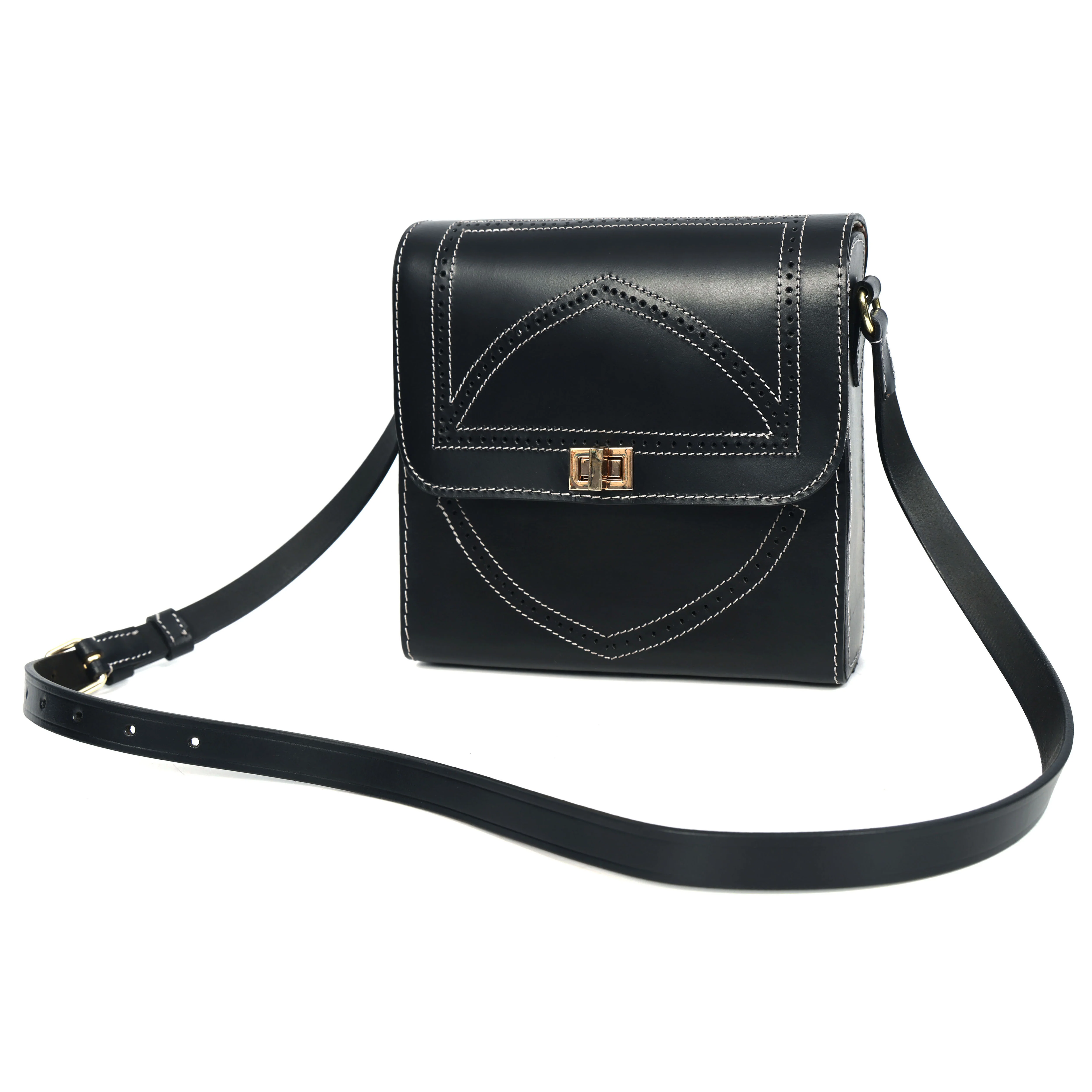 Black Structured Leather Crossbody Bag with Contrast Stitching & Secure Turn-Lock - Image 7