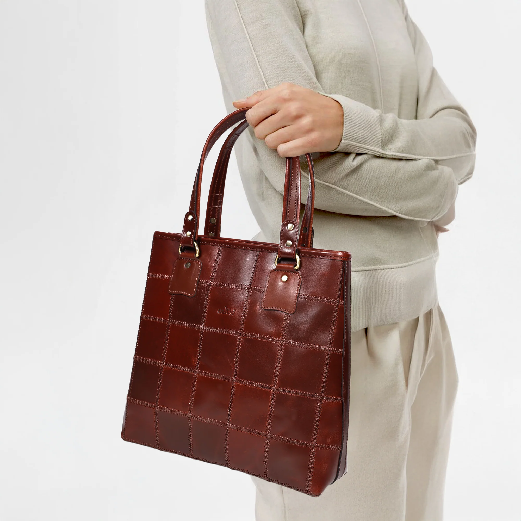 Genuine Leather Brown Tote Bag with Check Panel Design and Top Zip Closure