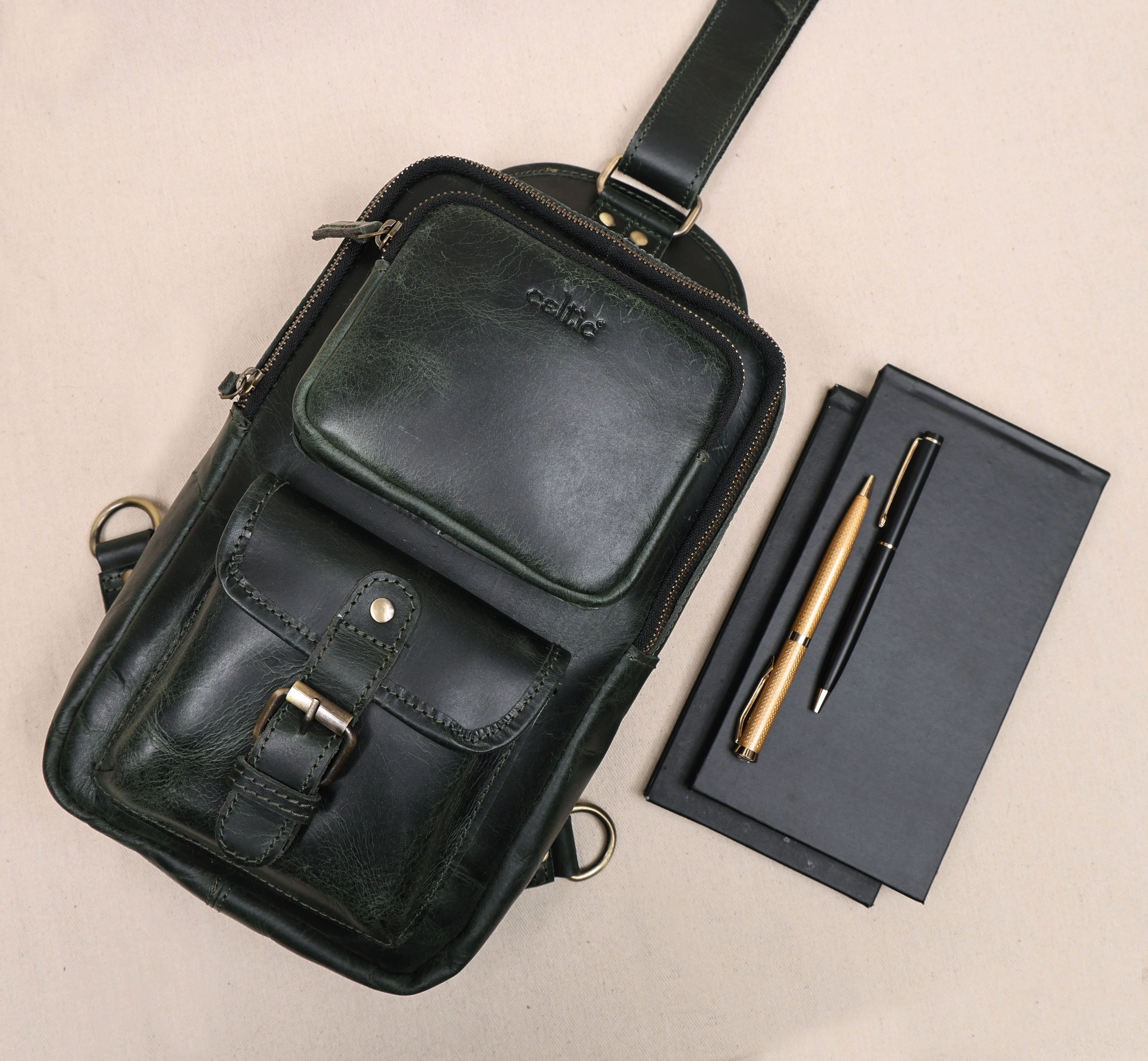 Premium Genuine Leather Crossbody Sling Bag with Multiple Zip Pockets & Adjustable Strap - Image 10