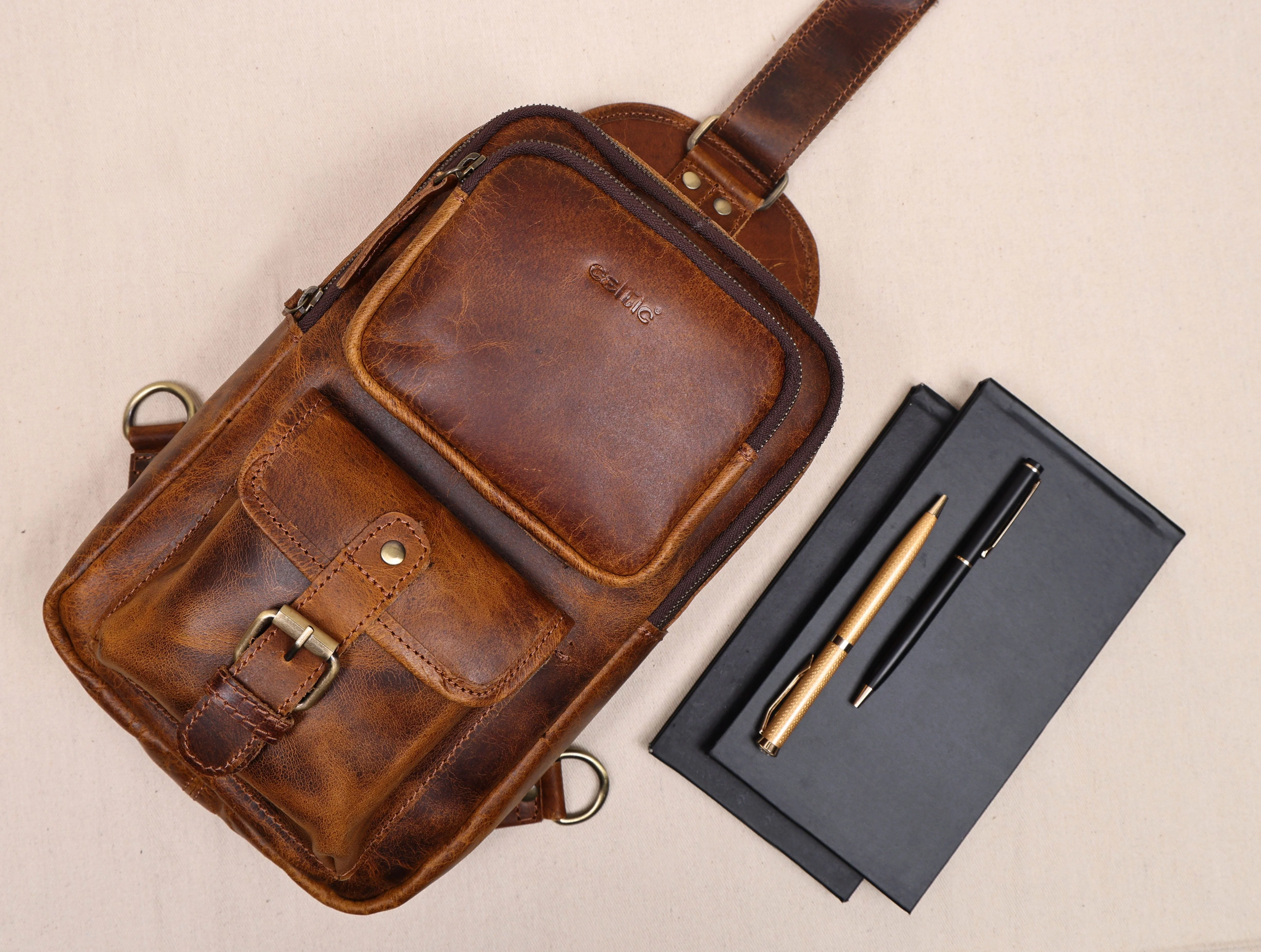 Premium Genuine Leather Crossbody Sling Bag with Multiple Zip Pockets & Adjustable Strap - Image 6