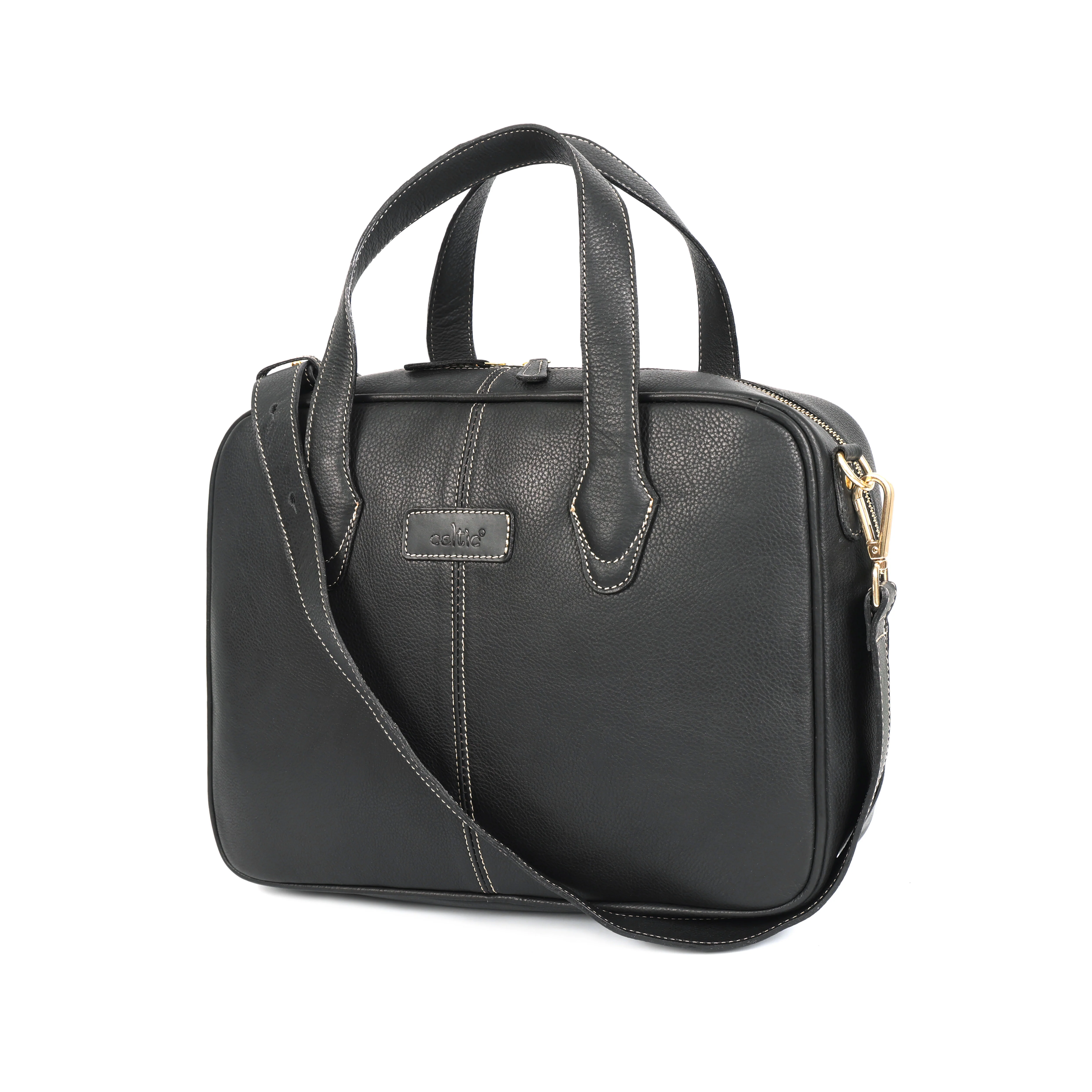 Premium Genuine Black Leather Messenger with Adjustable Shoulder Strap & Inner Zip Pockets