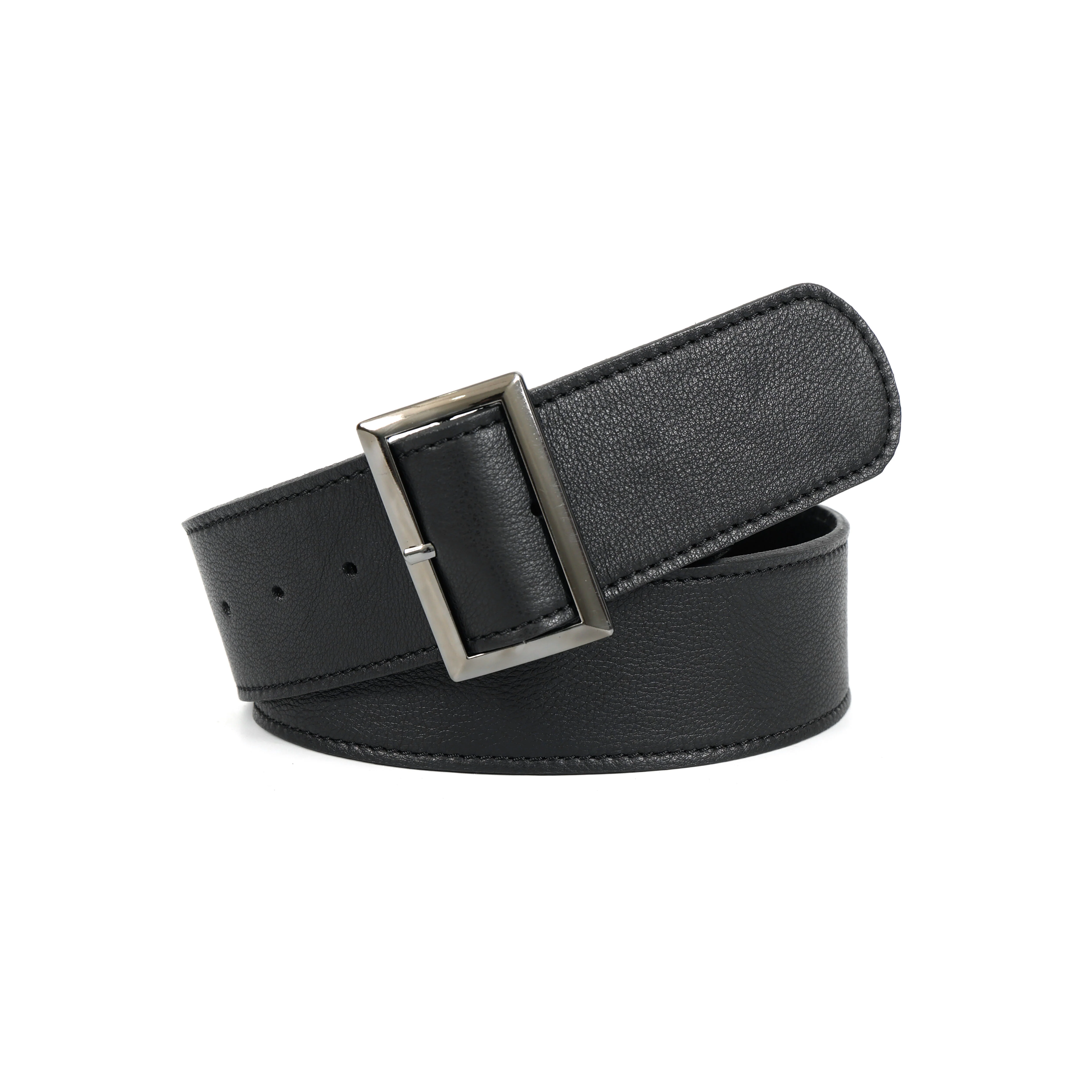 Classic Black Unisex Leather Belt with Sleek Rectangular Buckle - Image 2