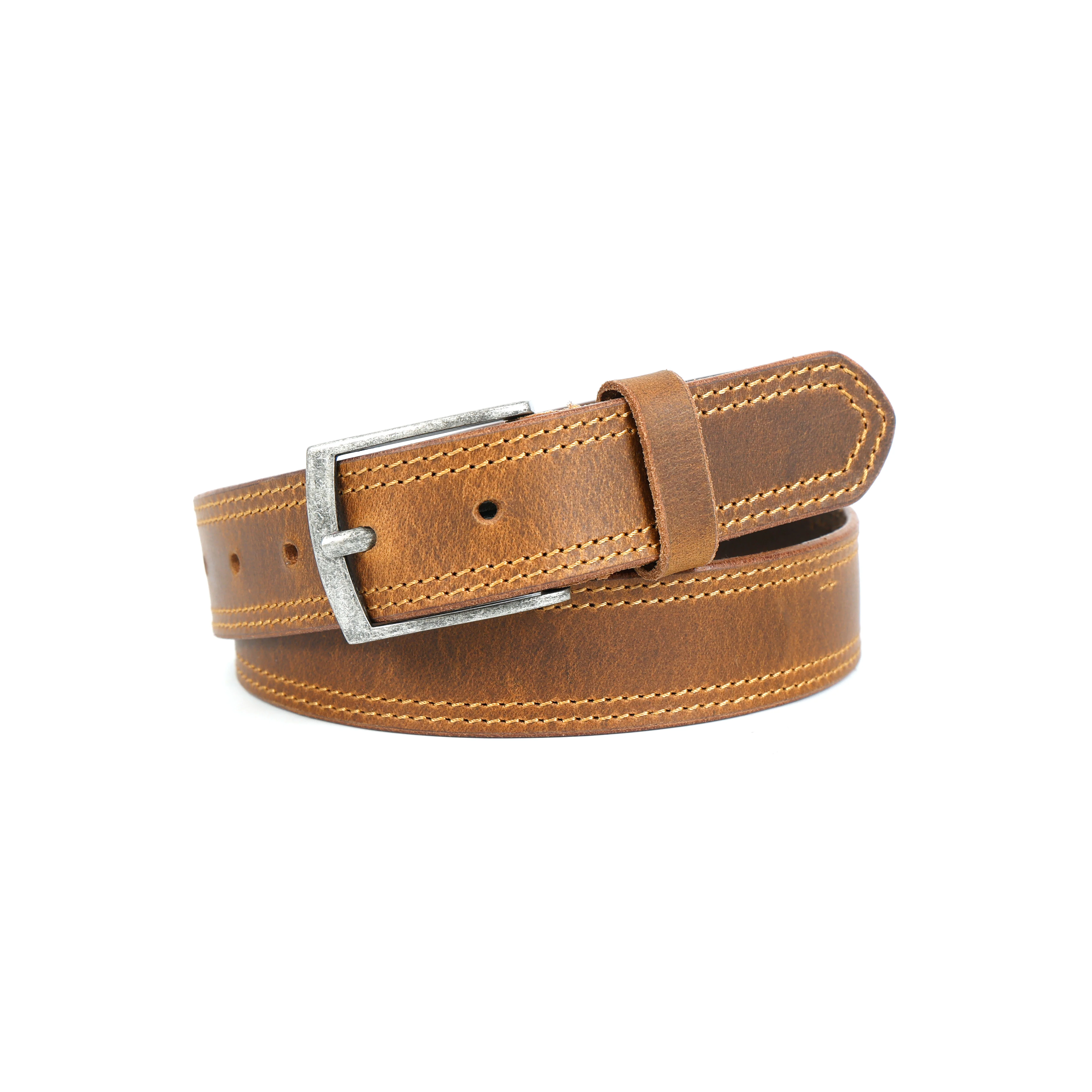 Unisex Genuine Leather Casual Brown Belt With Double Stitching And Classic Metal Buckle - Image 2