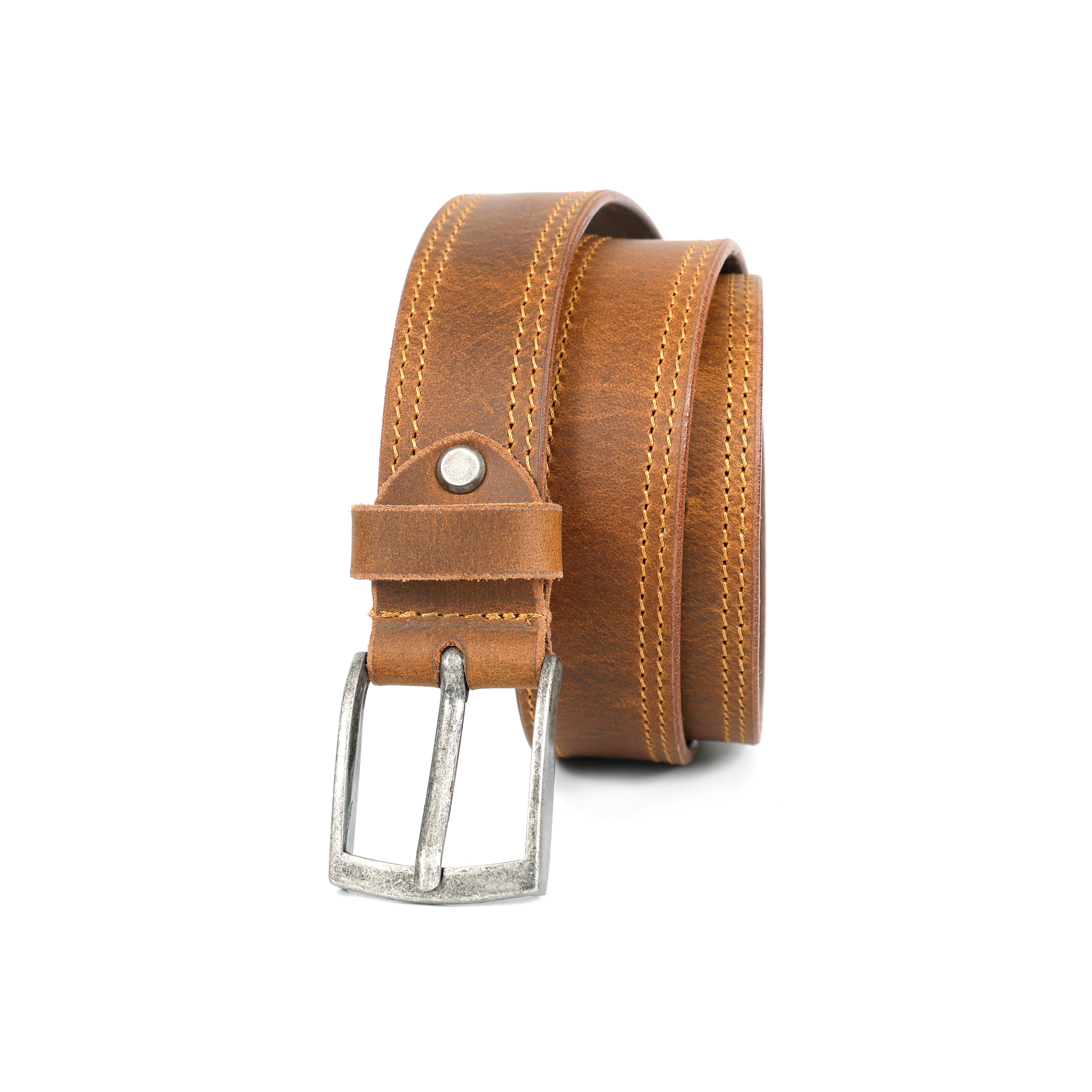 Unisex Genuine Leather Casual Brown Belt With Double Stitching And Classic Metal Buckle - Image 3