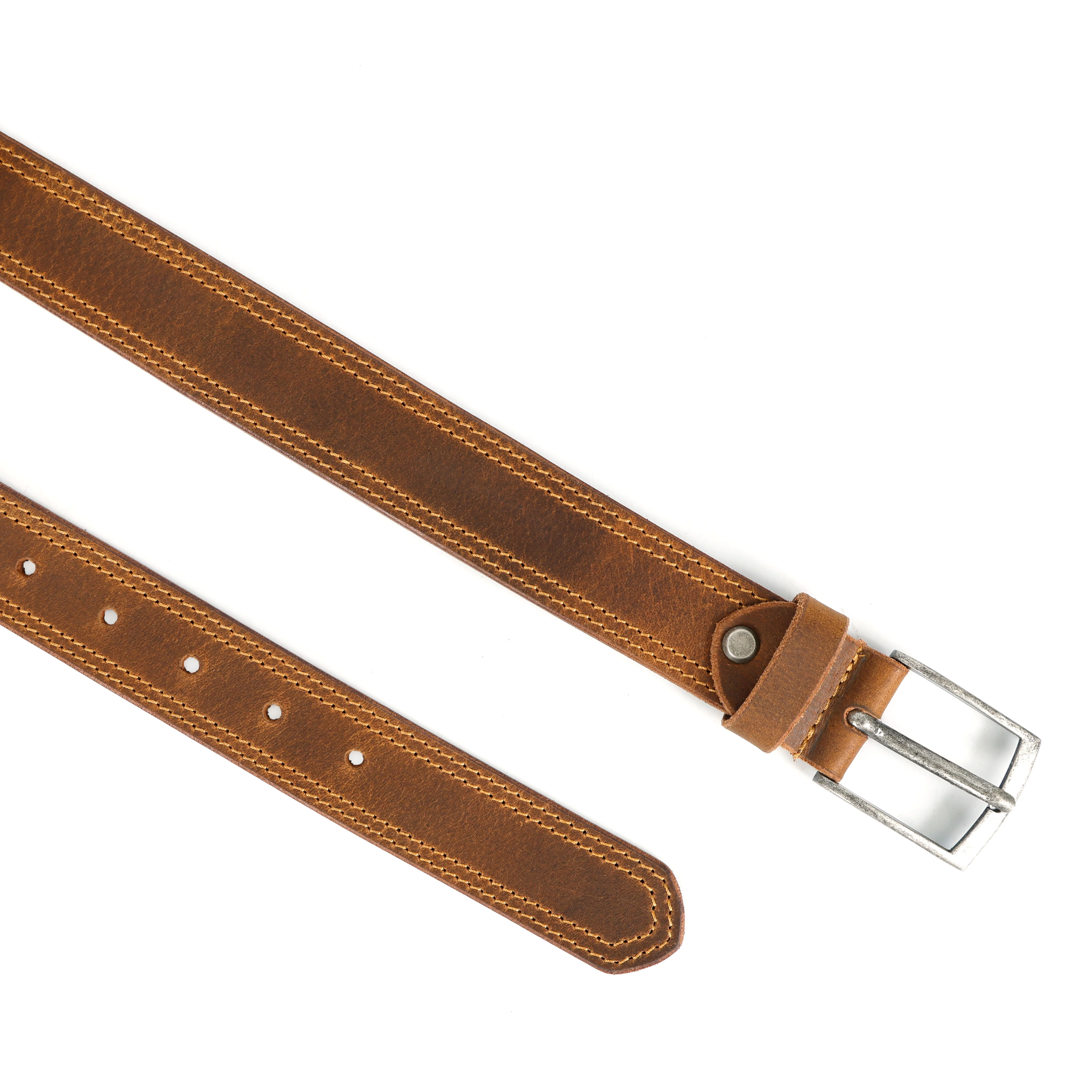 Unisex Genuine Leather Casual Brown Belt With Double Stitching And Classic Metal Buckle - Image 4