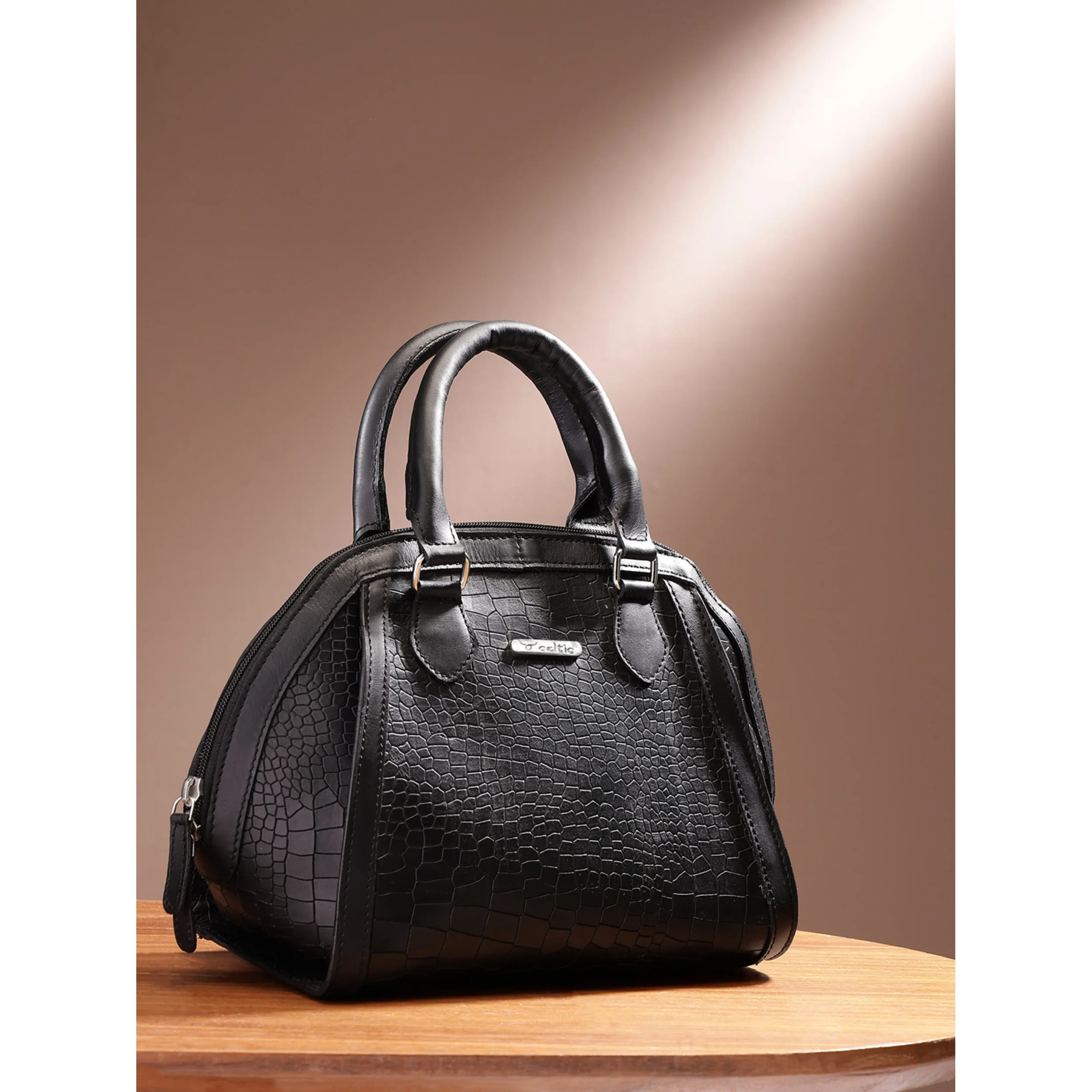 Premium Genuine Textured Leather  Satchel Handbag with Dual Handles, Detachable Strap & Zip Pockets - Image 15